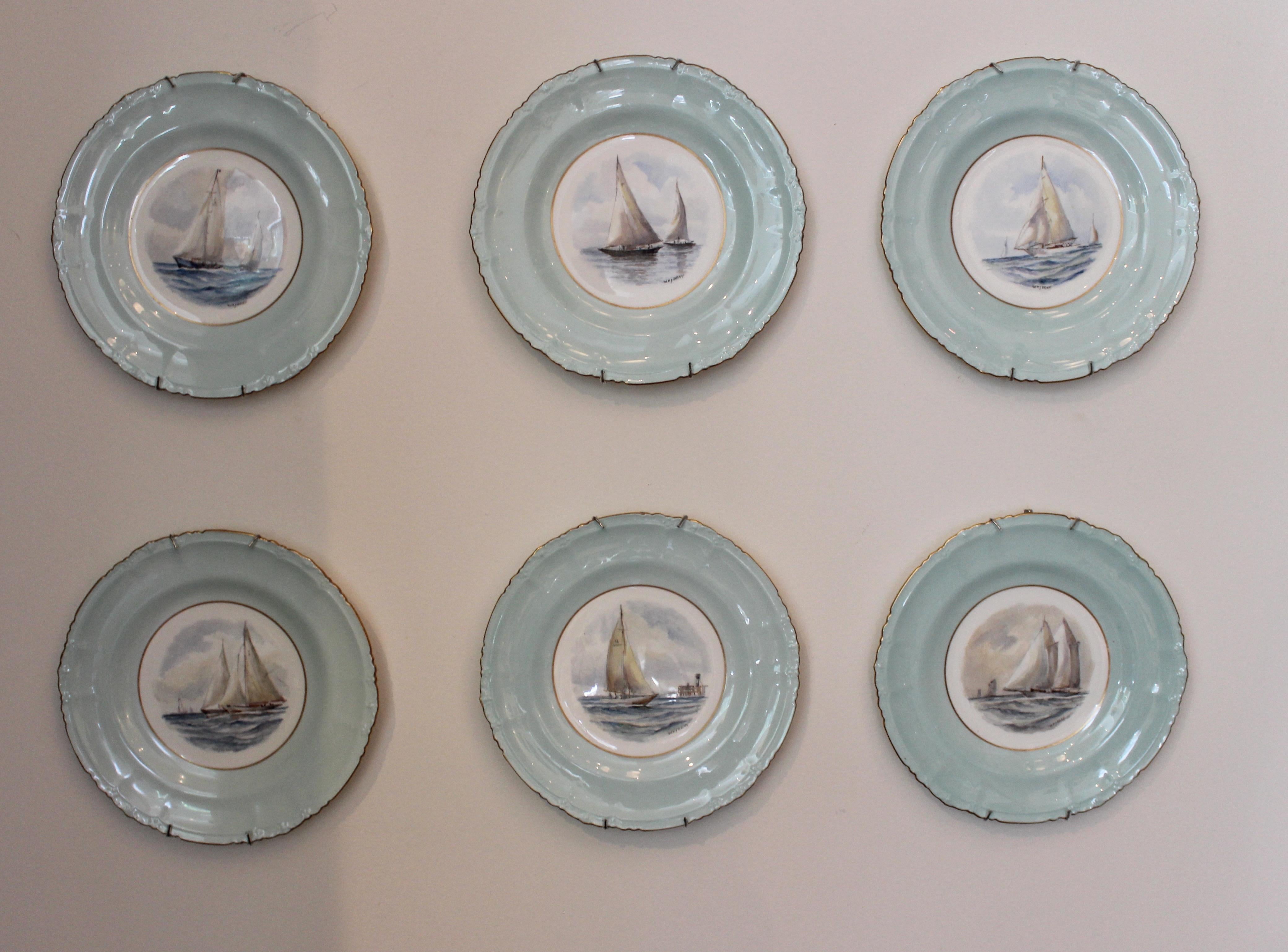 Set of 12 Royal Crown Derby Porcelain Plates with Yachting Scenes 1