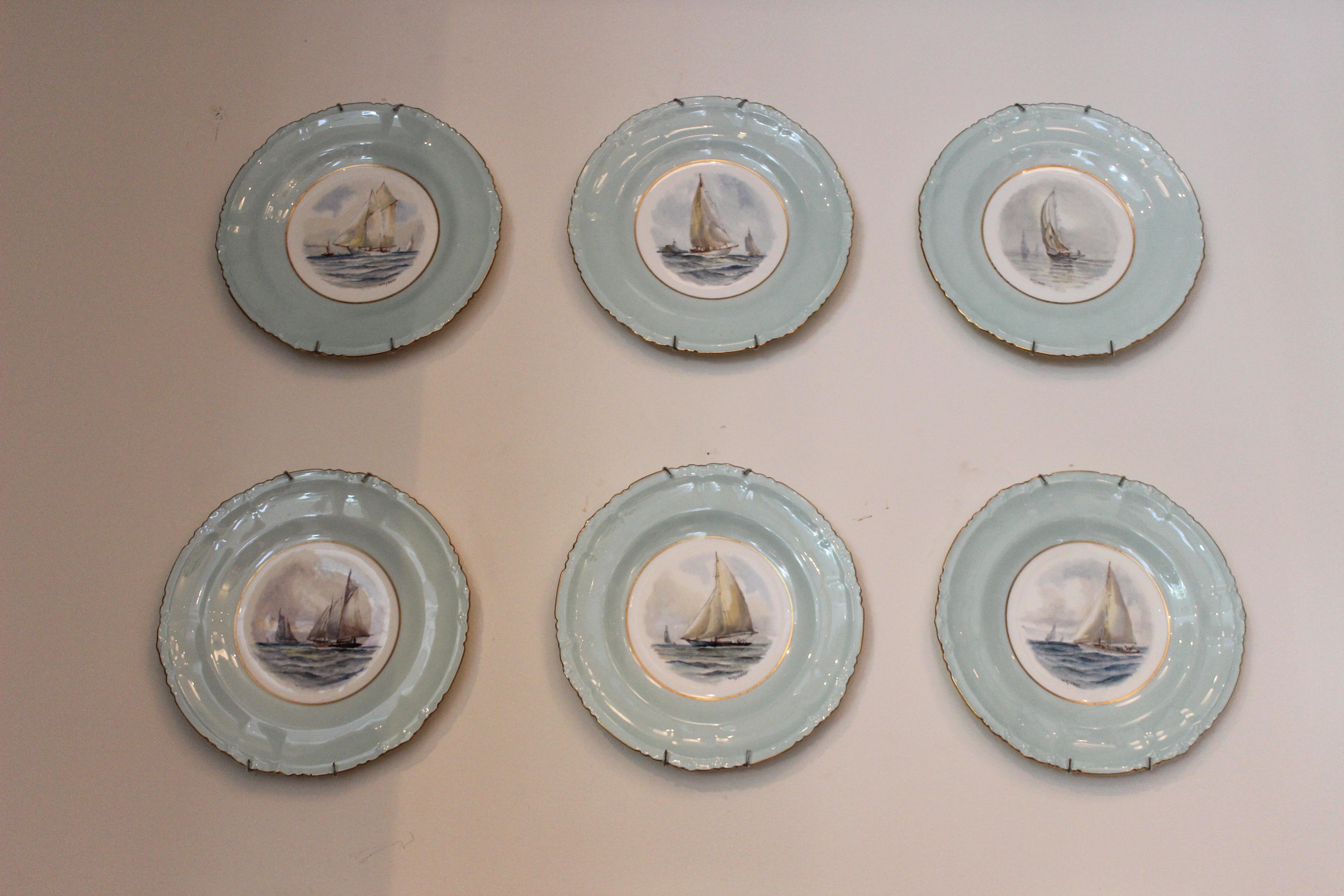 Set of 12 Royal Crown Derby Porcelain Plates with Yachting Scenes 2