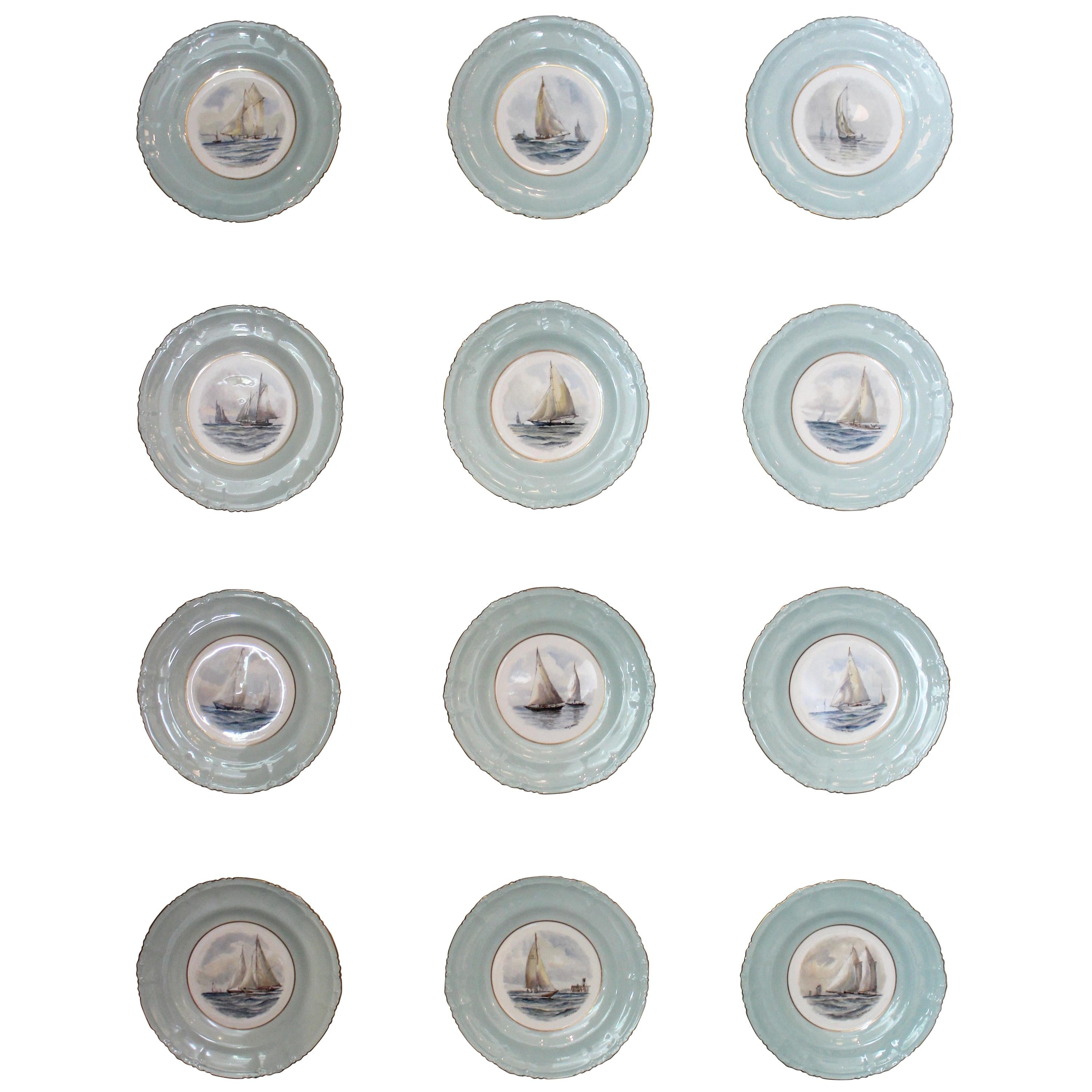 Set of 12 Royal Crown Derby Porcelain Plates with Yachting Scenes