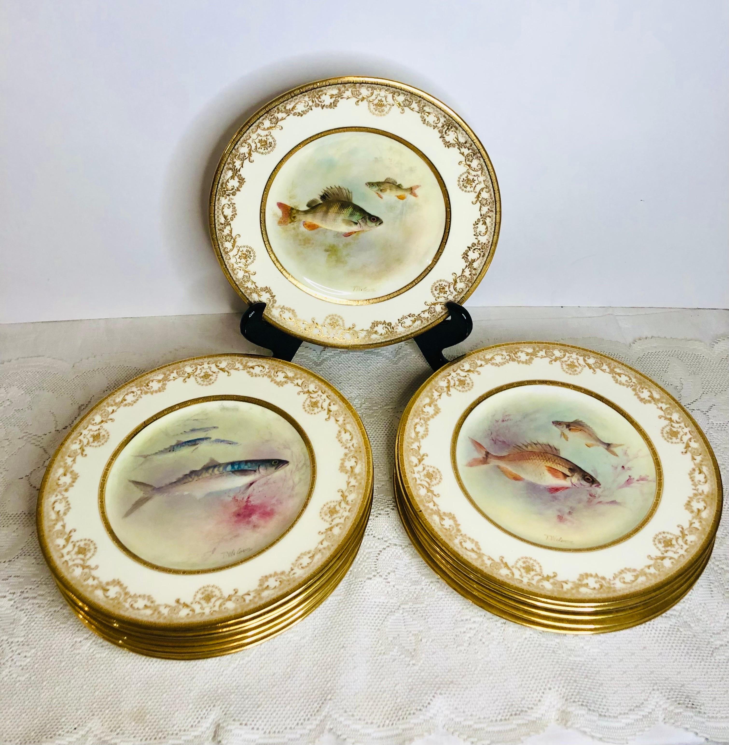 This is a magnificent set of twelve hand painted Royal Doulton fish plates artist signed T. Wilson. Each plate is painted beautifully with a different fish swimming in its natural habitat. The name of the type of fish painted on the front of the