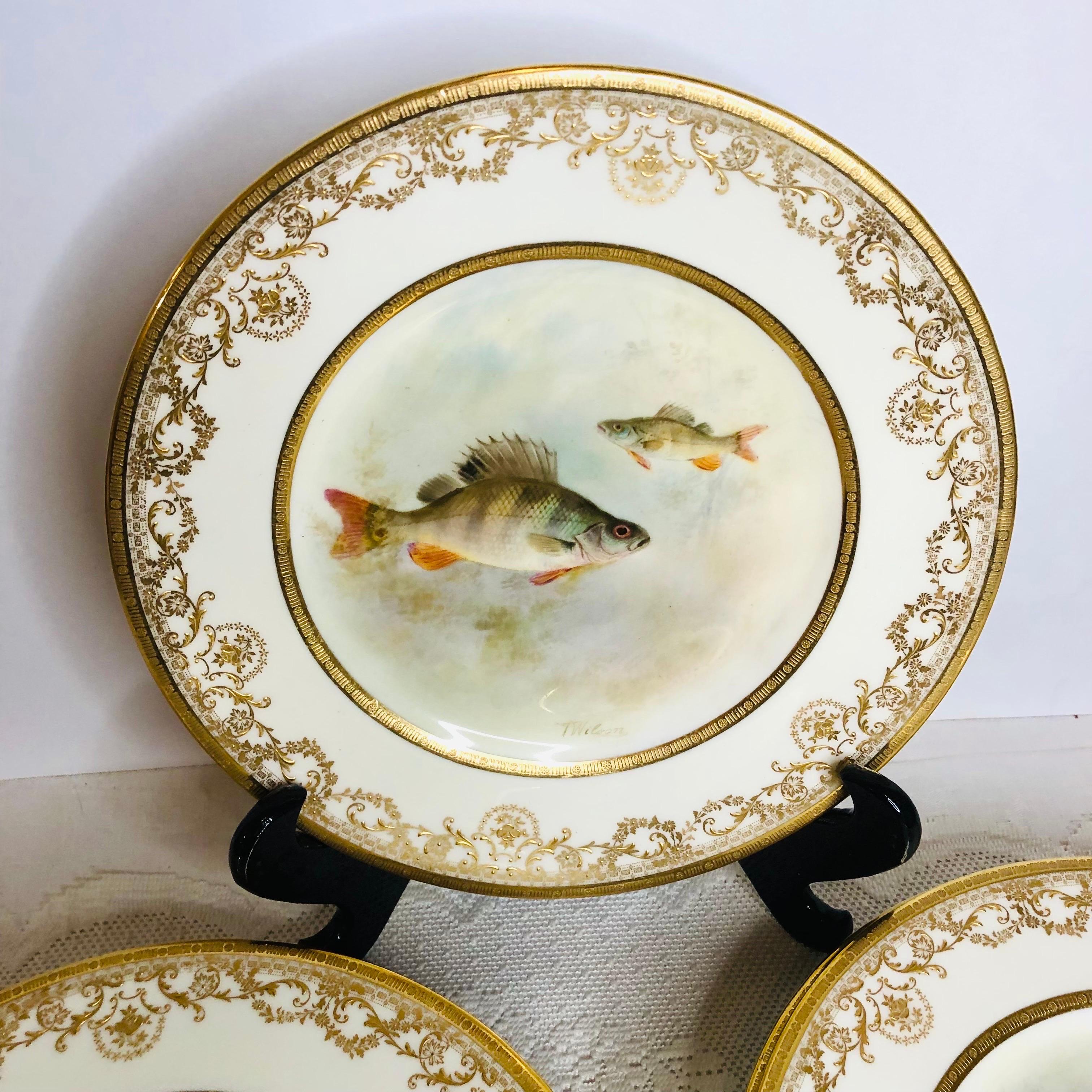 Rococo Set of 12 Royal Doulton Fish Plates Each Hand Painted with Different Fish 
