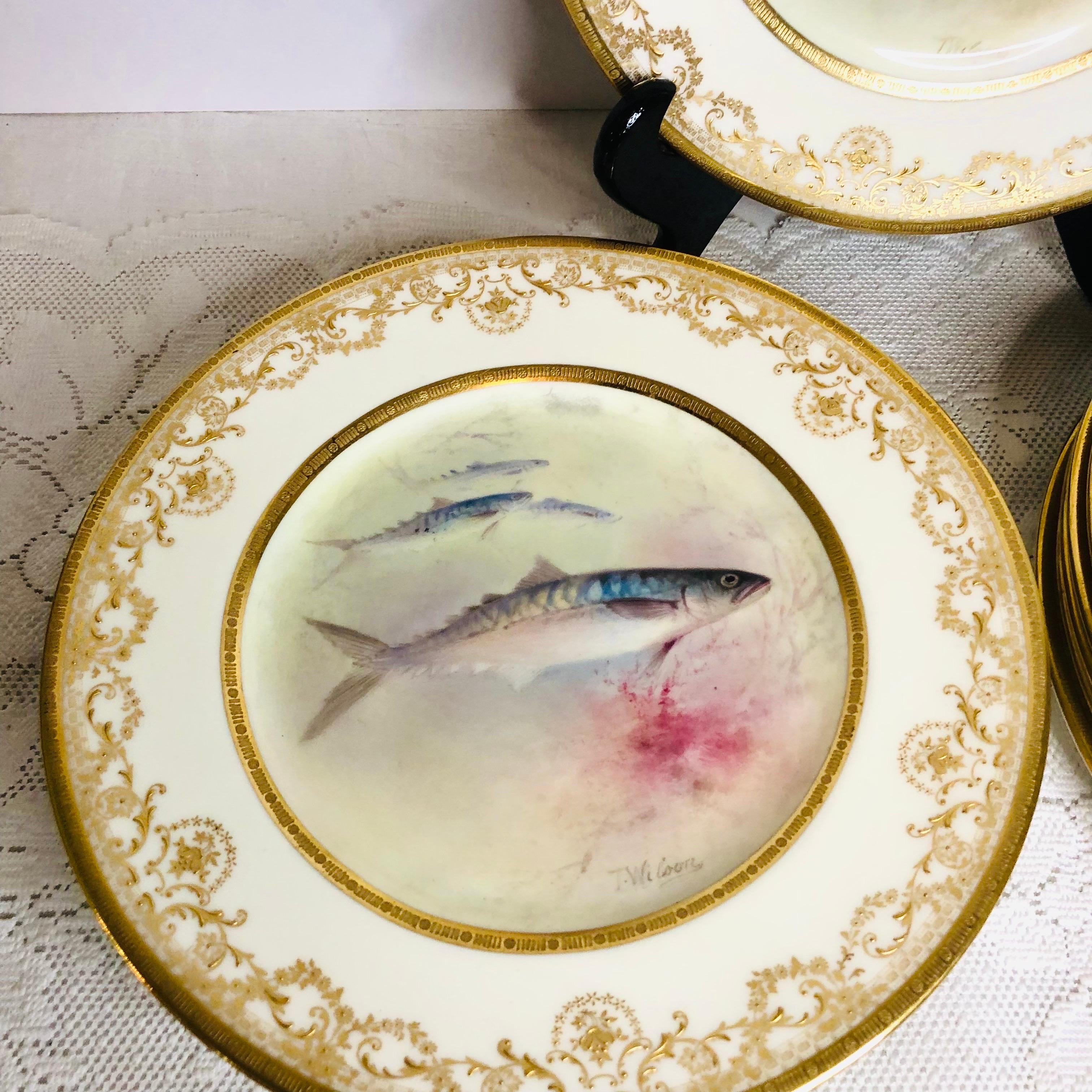 English Set of 12 Royal Doulton Fish Plates Each Hand Painted with Different Fish 