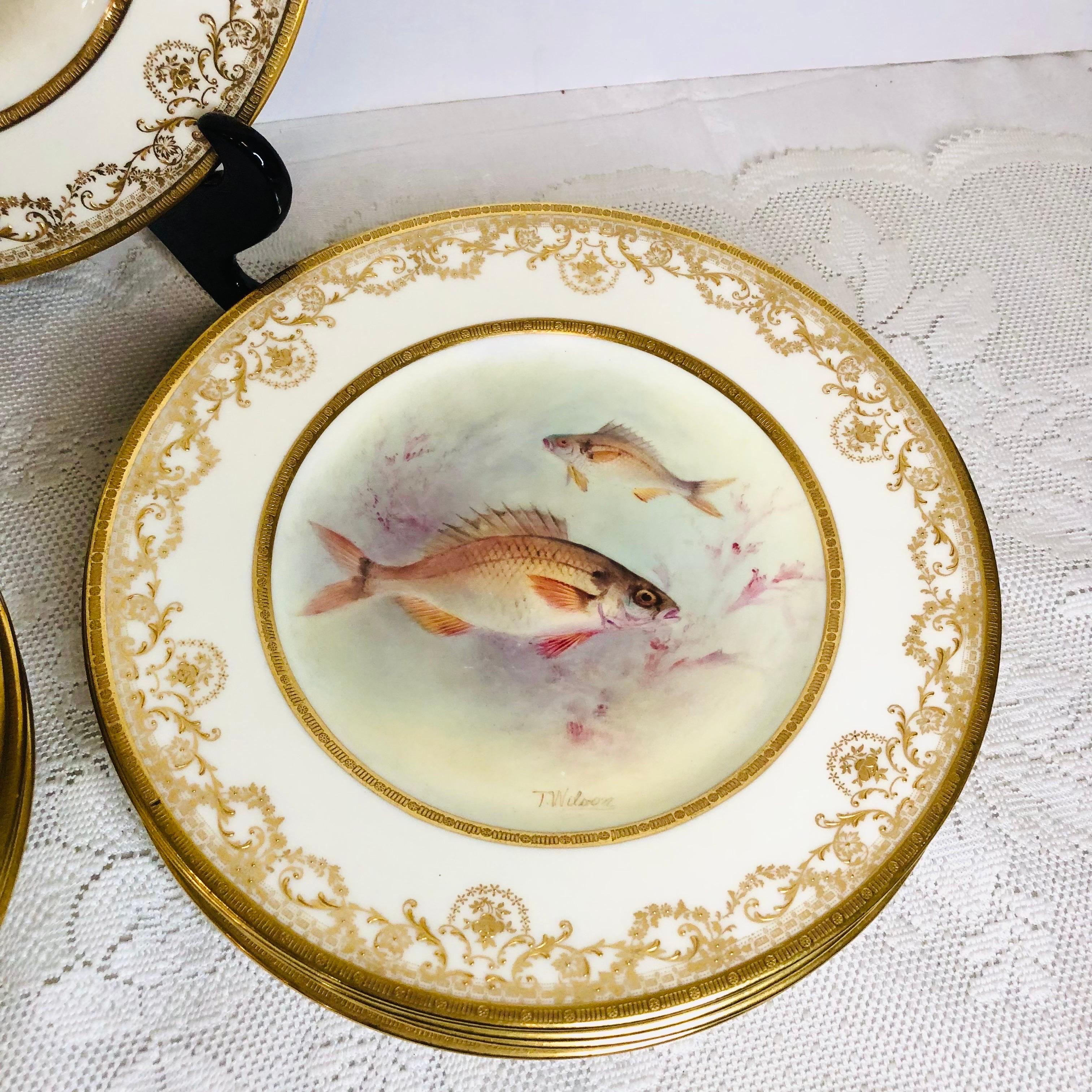 Gilt Set of 12 Royal Doulton Fish Plates Each Hand Painted with Different Fish 