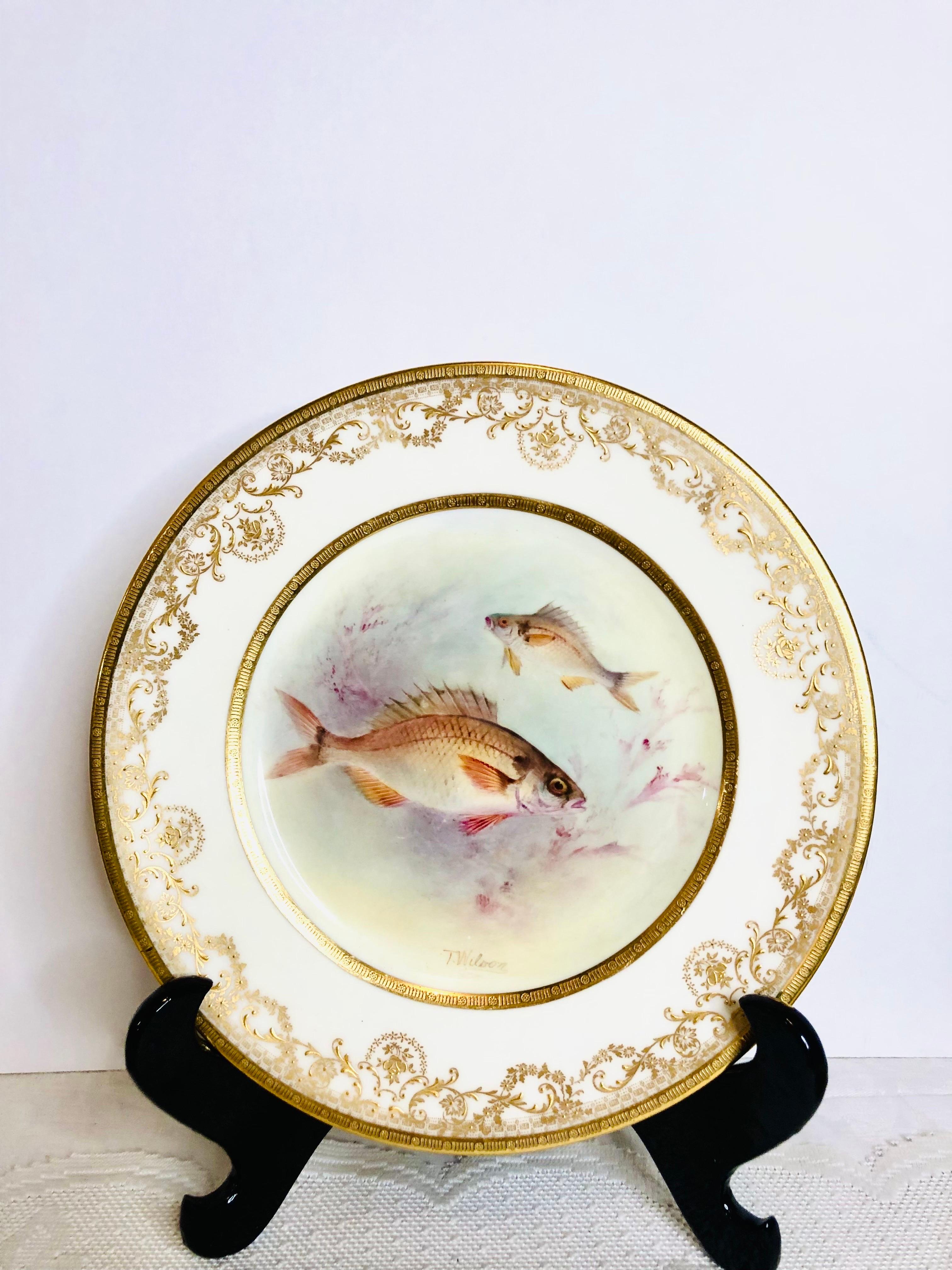 Porcelain Set of 12 Royal Doulton Fish Plates Each Hand Painted with Different Fish 