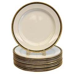 Set of 12 Royal Doulton Porcelain Dinner Plates #2559, Green Lace and Gilt