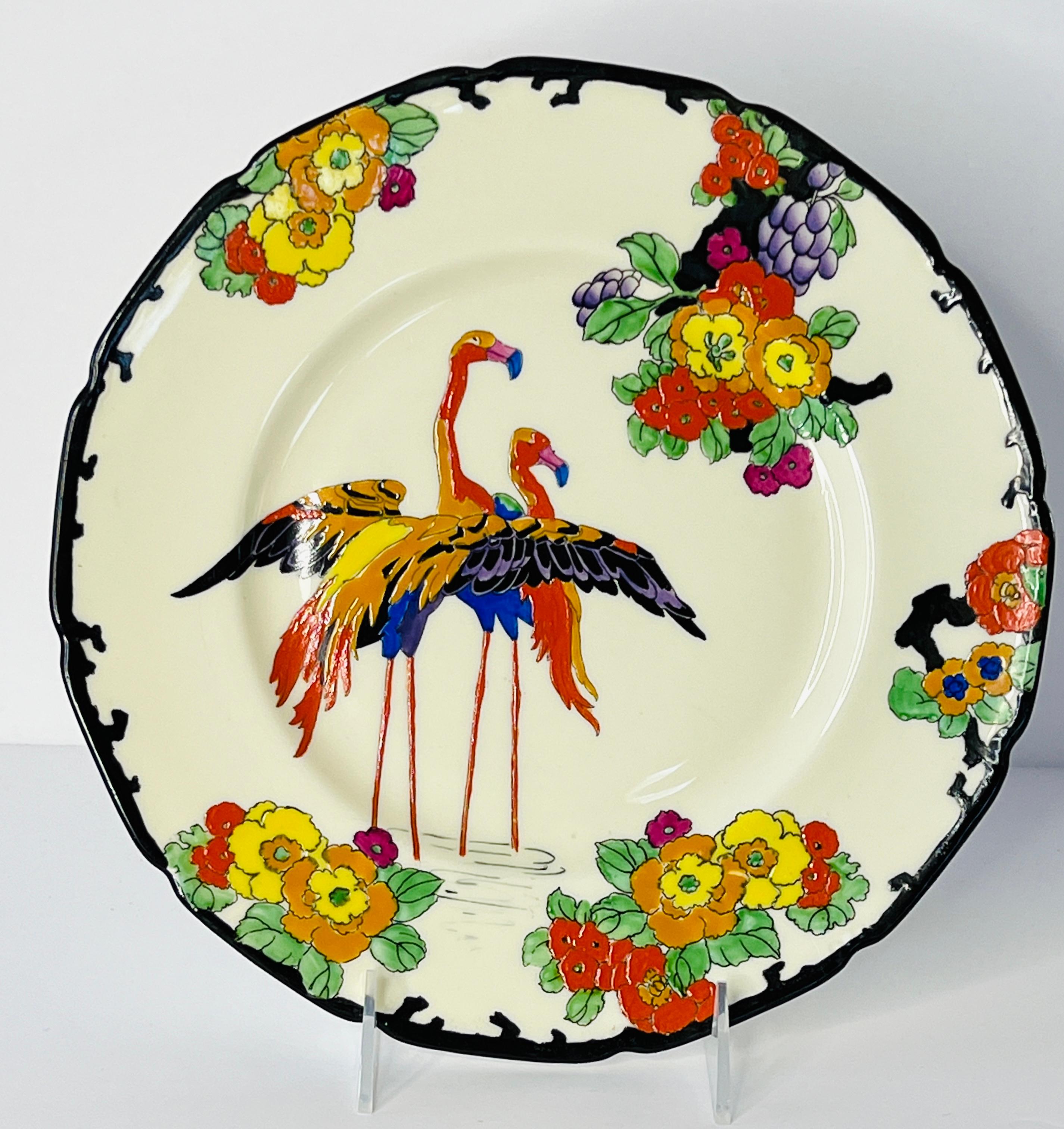 English Set of 12 Royal Doulton Vibrant Enamel Art Deco Flamingo Dinner Plates