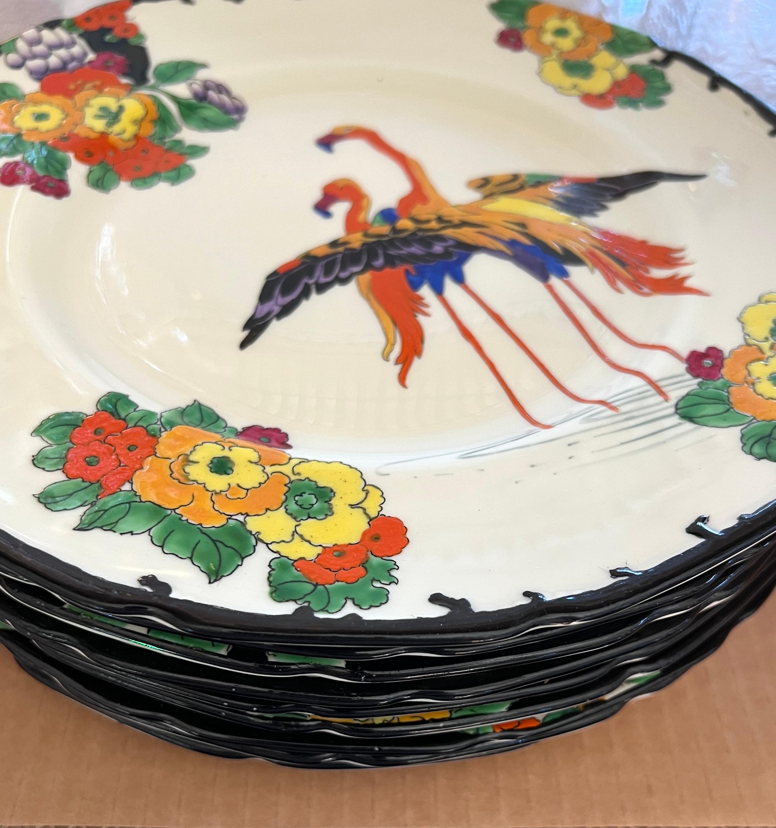 Enameled Set of 12 Royal Doulton Vibrant Enamel Art Deco Flamingo Dinner Plates  For Sale