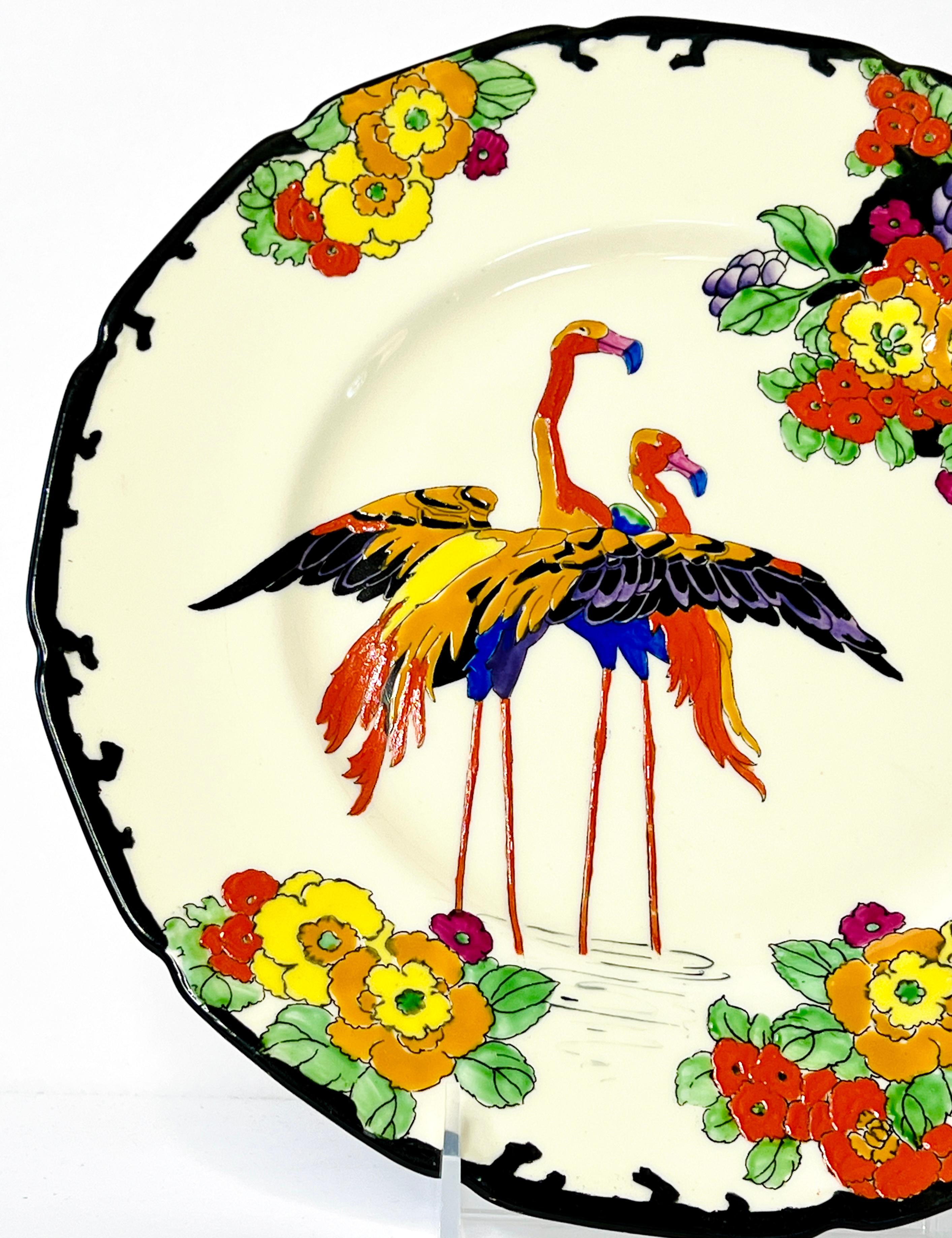 Early 20th Century Set of 12 Royal Doulton Vibrant Enamel Art Deco Flamingo Dinner Plates  For Sale