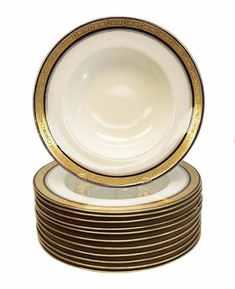 Set of 12 Royal Worcester Porcelain Soup Bowls, Cobalt Blue and Gilt