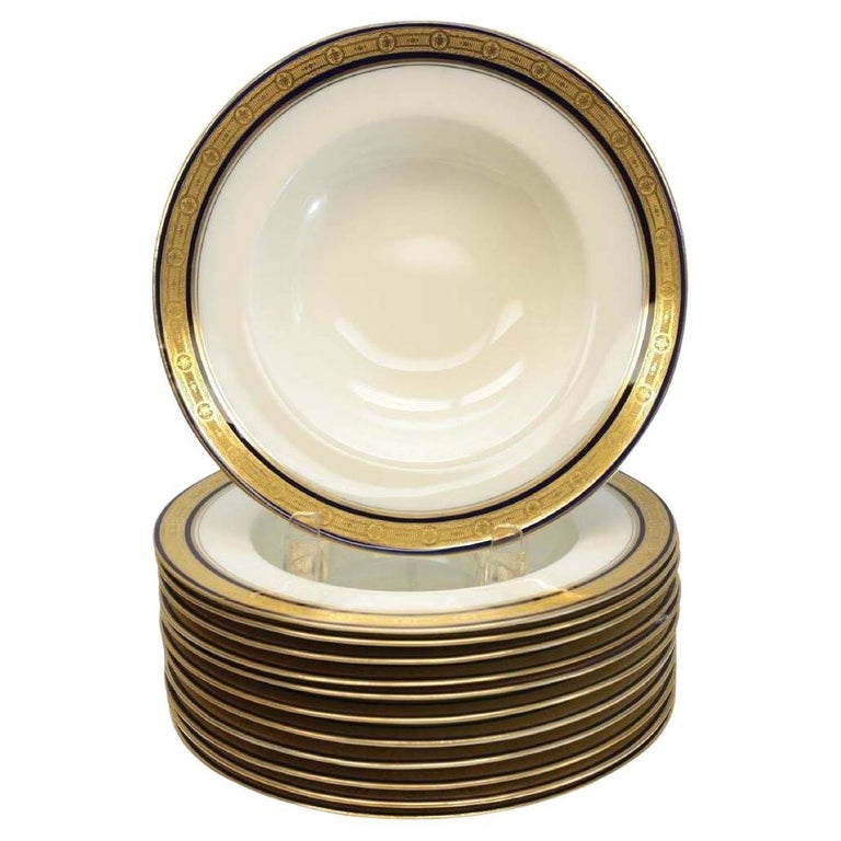 Set of 12 Royal Worcester Porcelain Soup Bowls, Cobalt Blue and Gilt