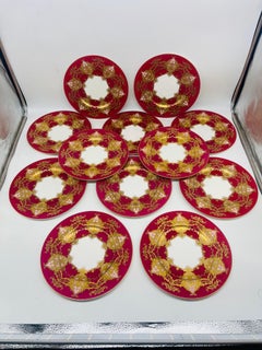 Set of 12 Royal Worcester Two- Tone Heavily Raised Gilt Decorated Dinner Plates