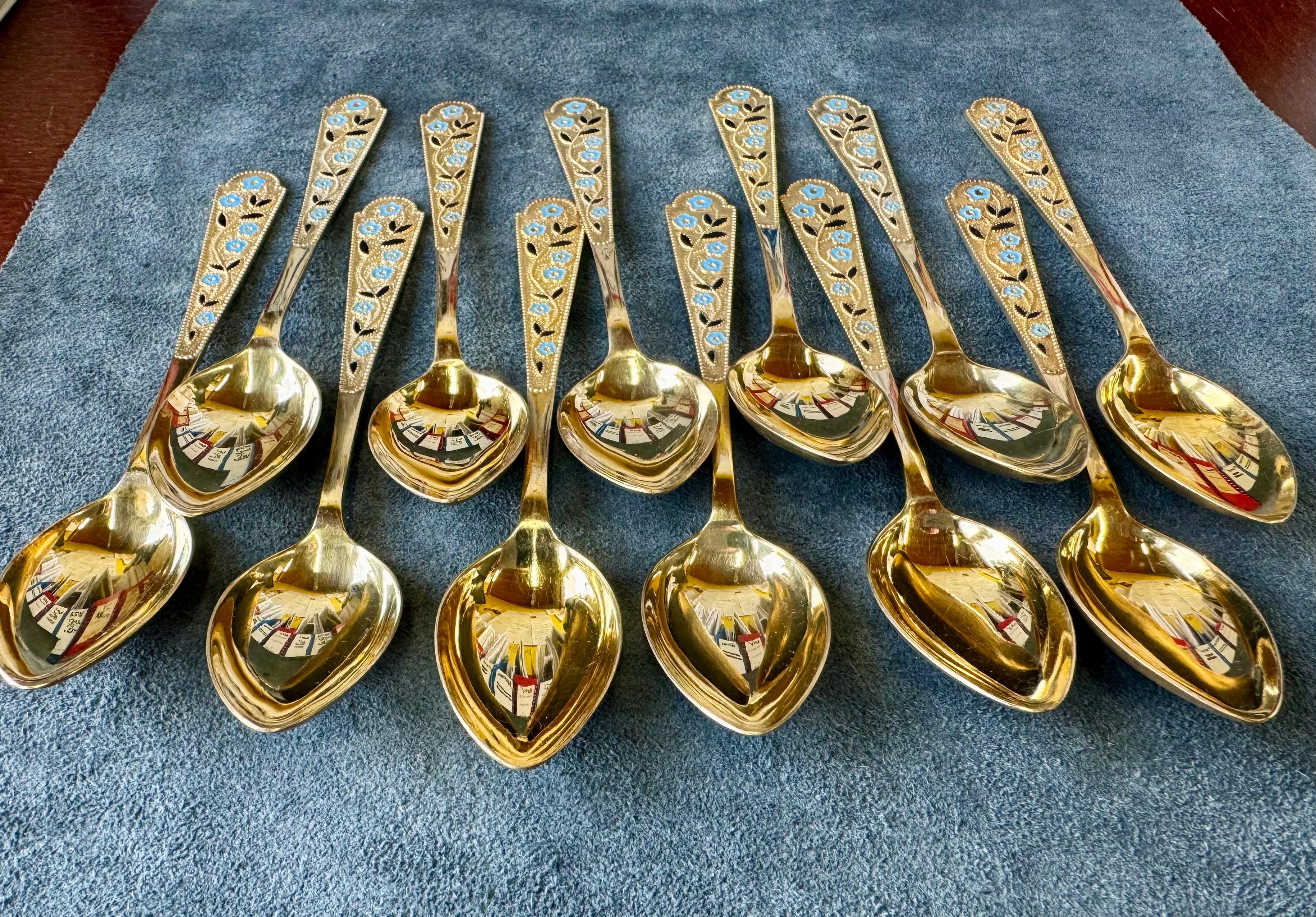 da uomo o donna Set di 12 cucchiai russi smaltati Cucchiai d'argento sovietici fini e rari in vendita