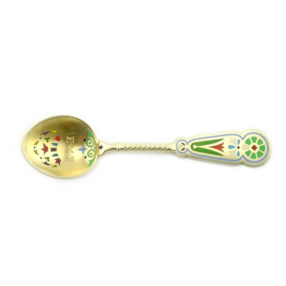 Women's or Men's Set of 12 Russian Silver Gilt and Enamel Spoons by Khlebnikov for Tiffany & Co.