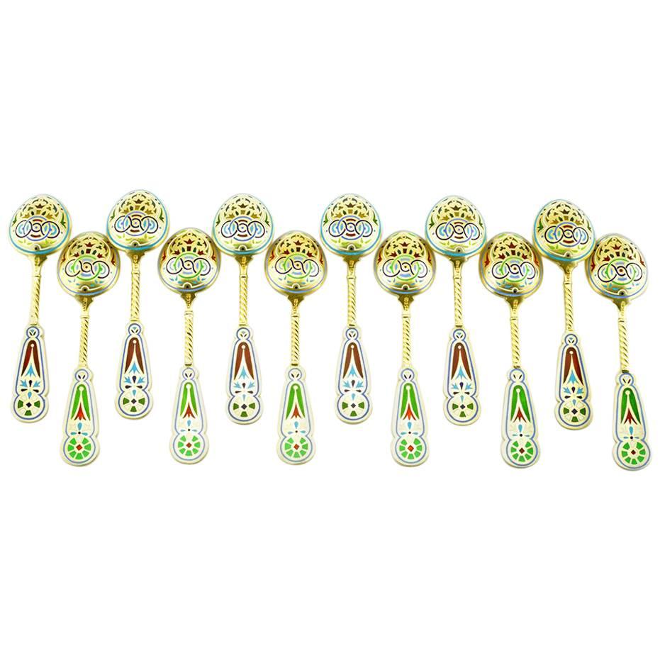 Set of 12 Russian Silver Gilt and Enamel Spoons by Khlebnikov for Tiffany & Co.