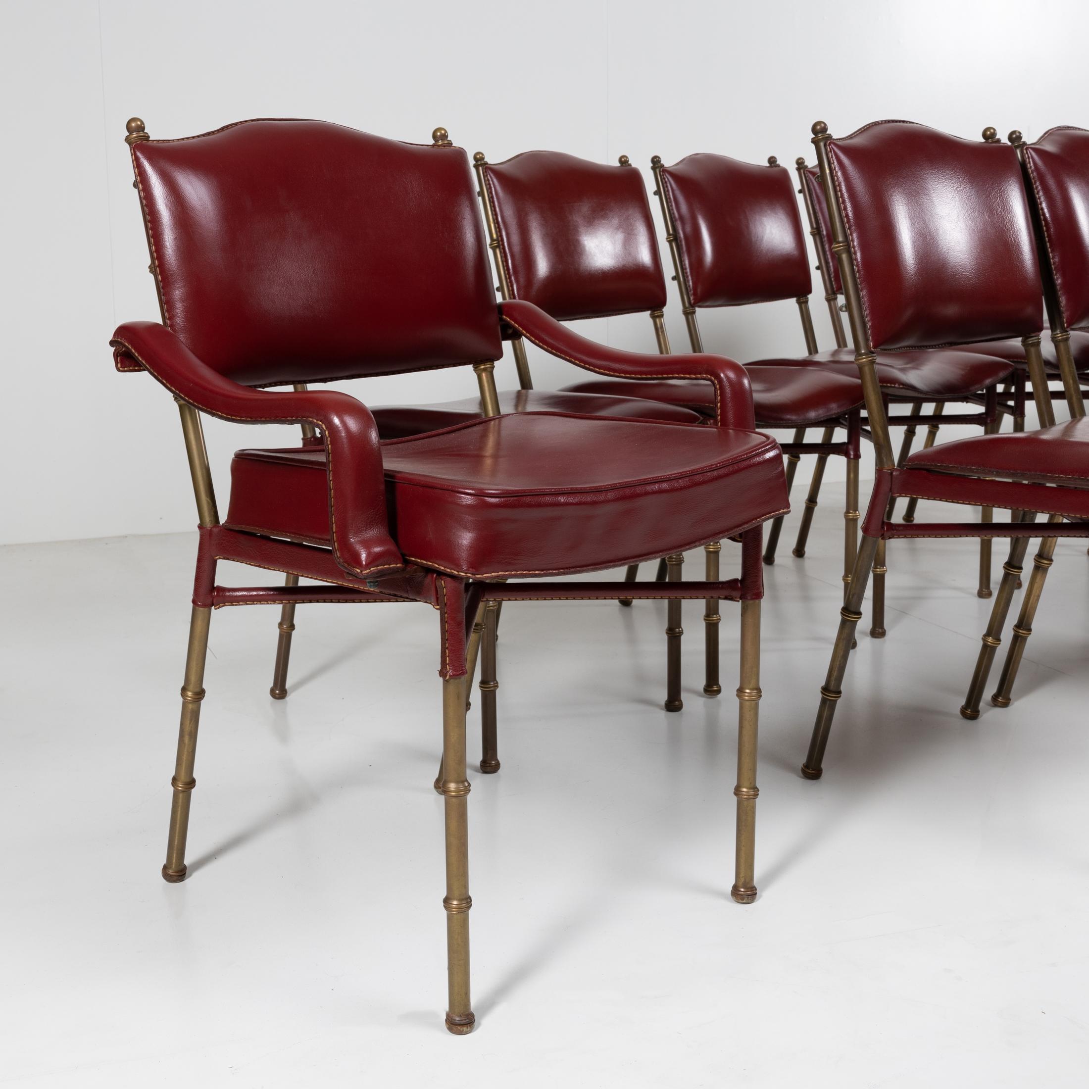 Set of 12 Saddle Stitched Red Leather Chairs by Jacques Adnet, France For Sale 4