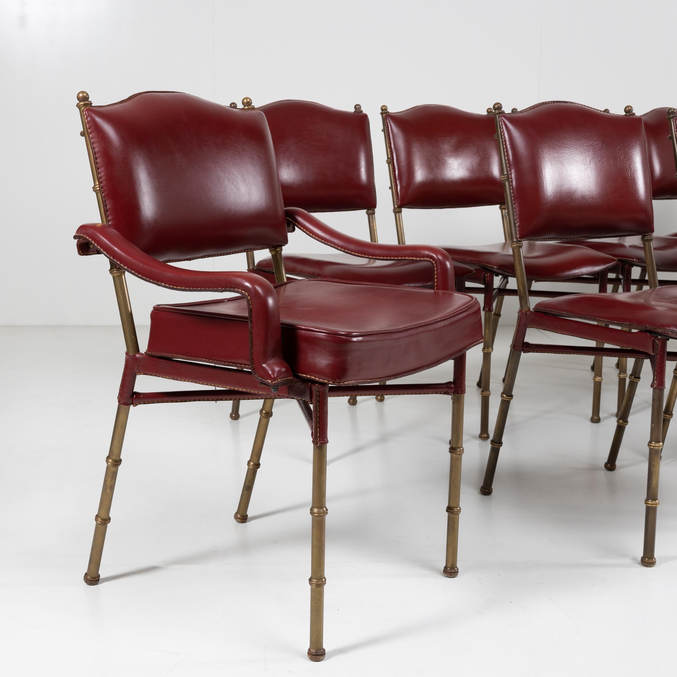 Set of 12 Saddle Stitched Red Leather Chairs by Jacques Adnet, France For Sale 1