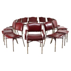 Set of 12 Saddle Stitched Red Leather Chairs by Jacques Adnet, France