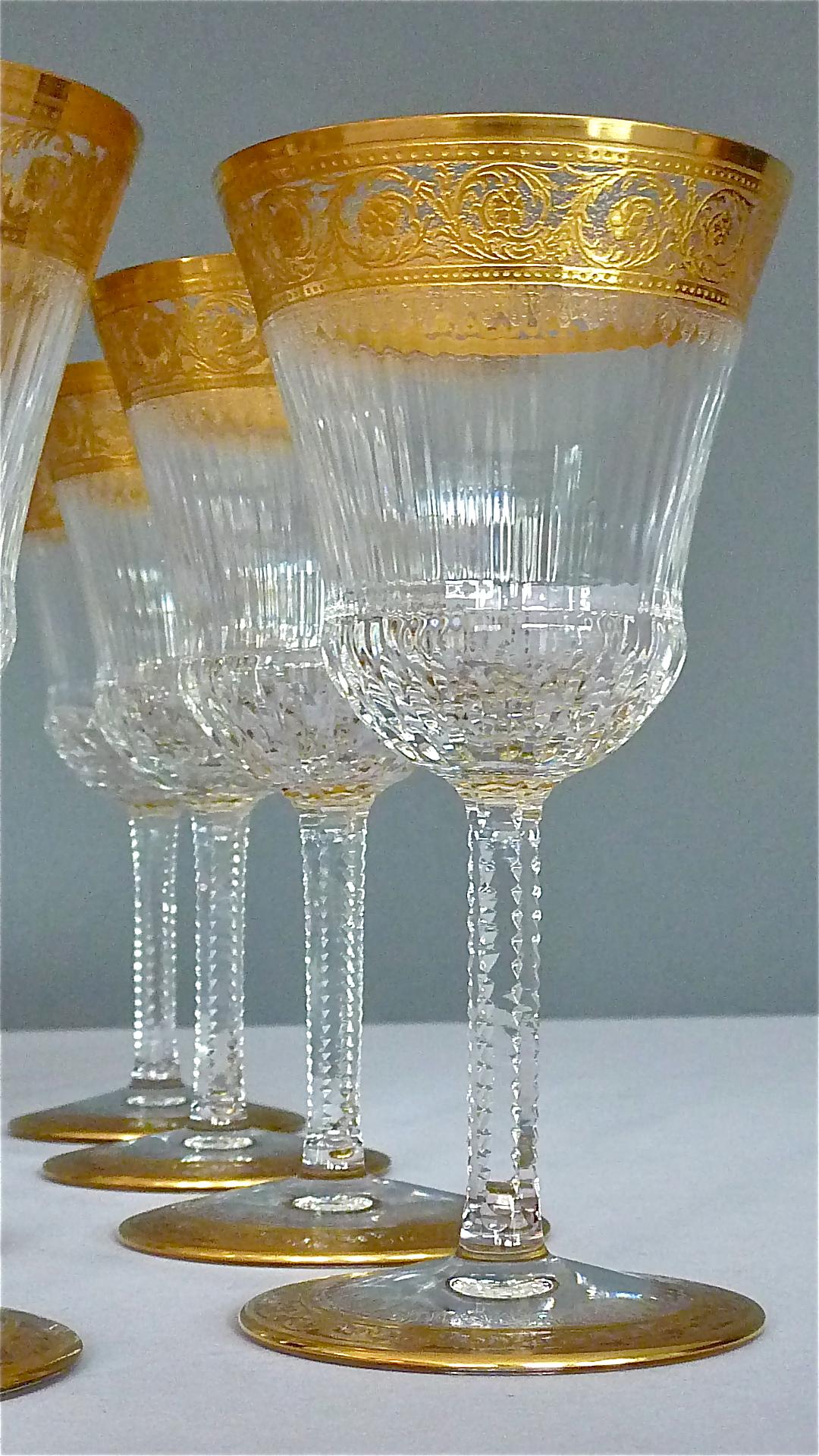 Set of 12 Saint Louis Gilt Crystal Wine Glasses Thistle 1950s French Stemware 1