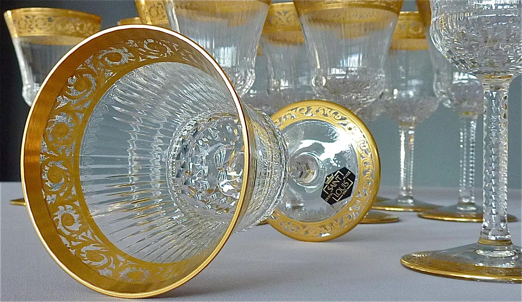 Set of 12 Saint Louis Gilt Crystal Wine Glasses Thistle 1950s French Stemware 3