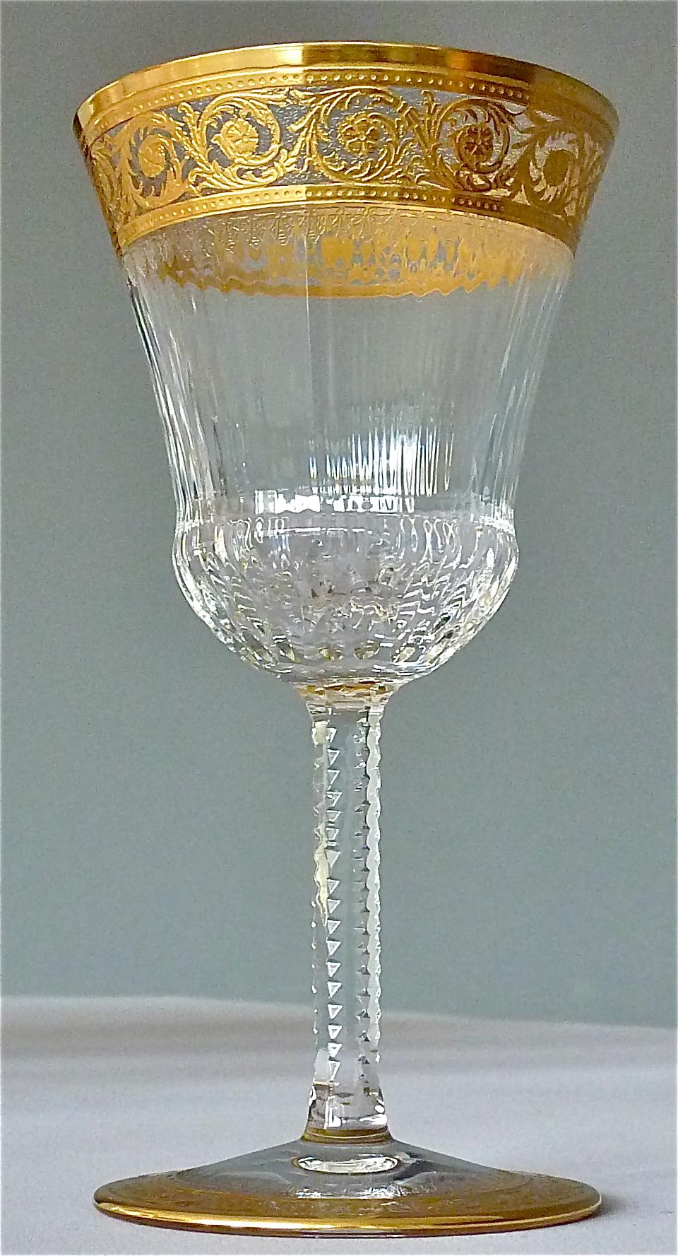 Set of 12 Saint Louis Gilt Crystal Wine Glasses Thistle 1950s French Stemware 4