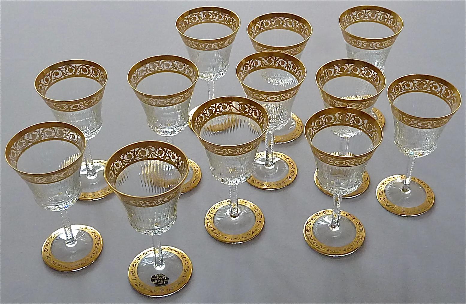 Set of 12 Saint Louis Gilt Crystal Wine Glasses Thistle 1950s French Stemware 10