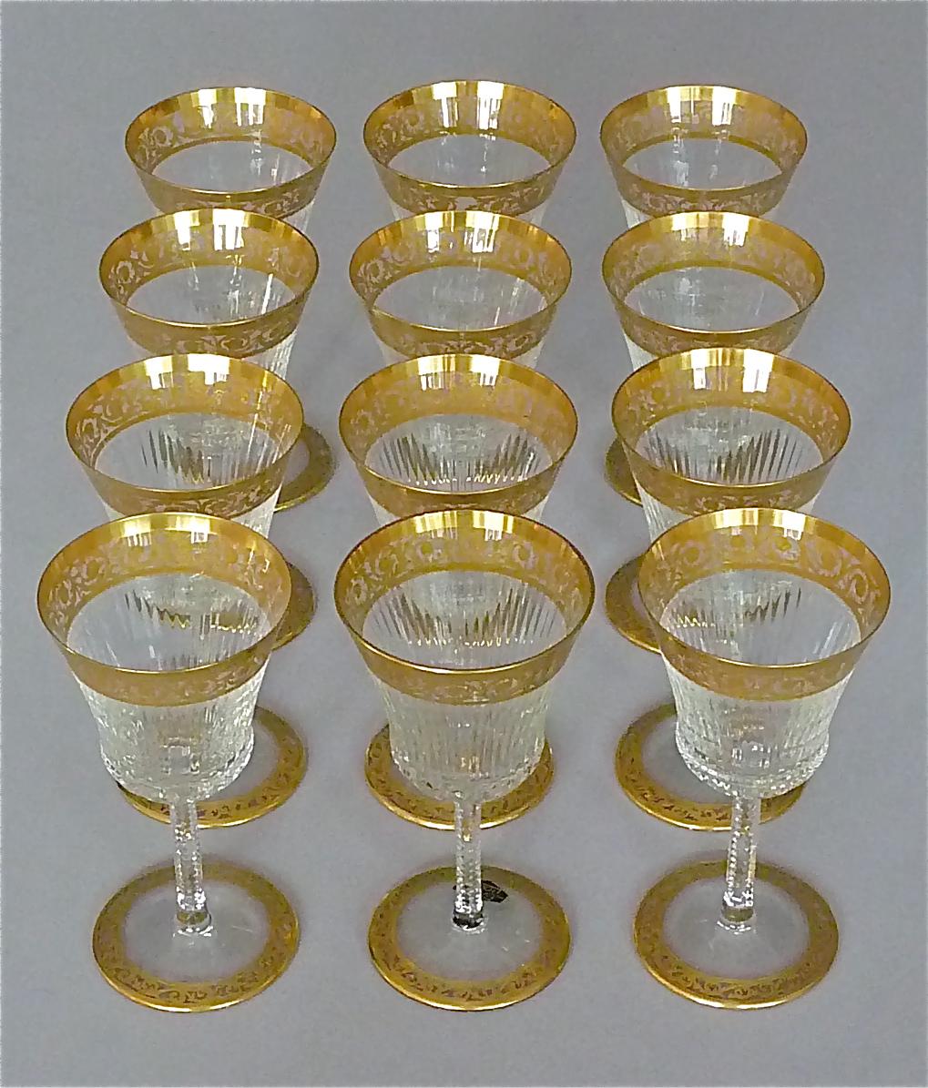 Art Nouveau Set of 12 Saint Louis Gilt Crystal Wine Glasses Thistle 1950s French Stemware