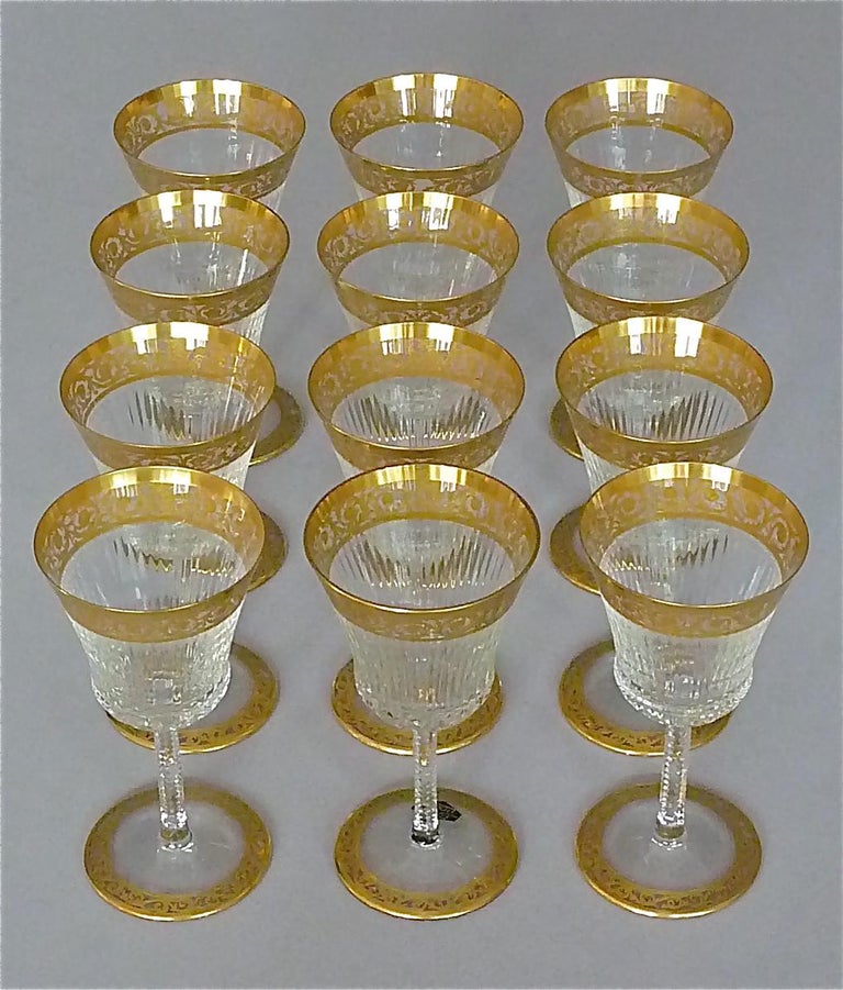Set of 12 Saint Louis Gilt Crystal Wine Glasses Thistle 1950s French