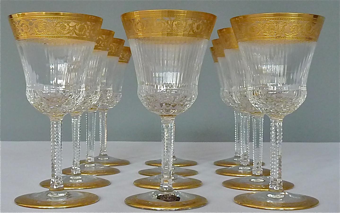 Satz von 12 Saint Louis vergoldet Kristall Weingläser Distel 1950er Jahre Französisch Stemware 2