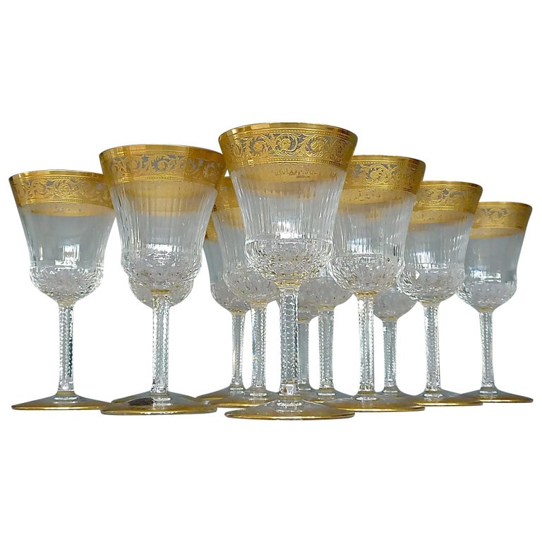 Set of 12 Saint Louis Gilt Crystal Wine Glasses Thistle 1950s French Stemware For Sale at 1stdibs