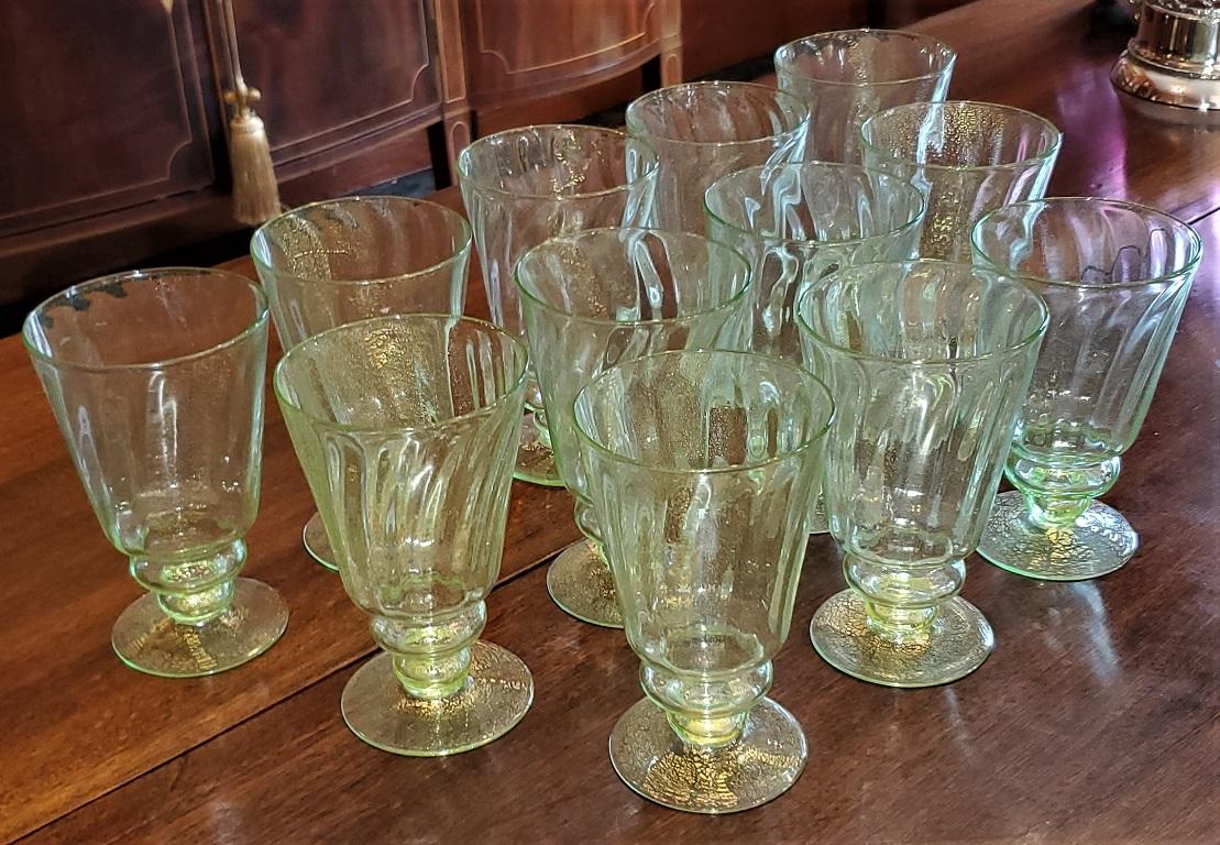 Mid-Century Modern Set of 12 Salviati Venetian Green and Gold Flecked Beer or Water Glasses