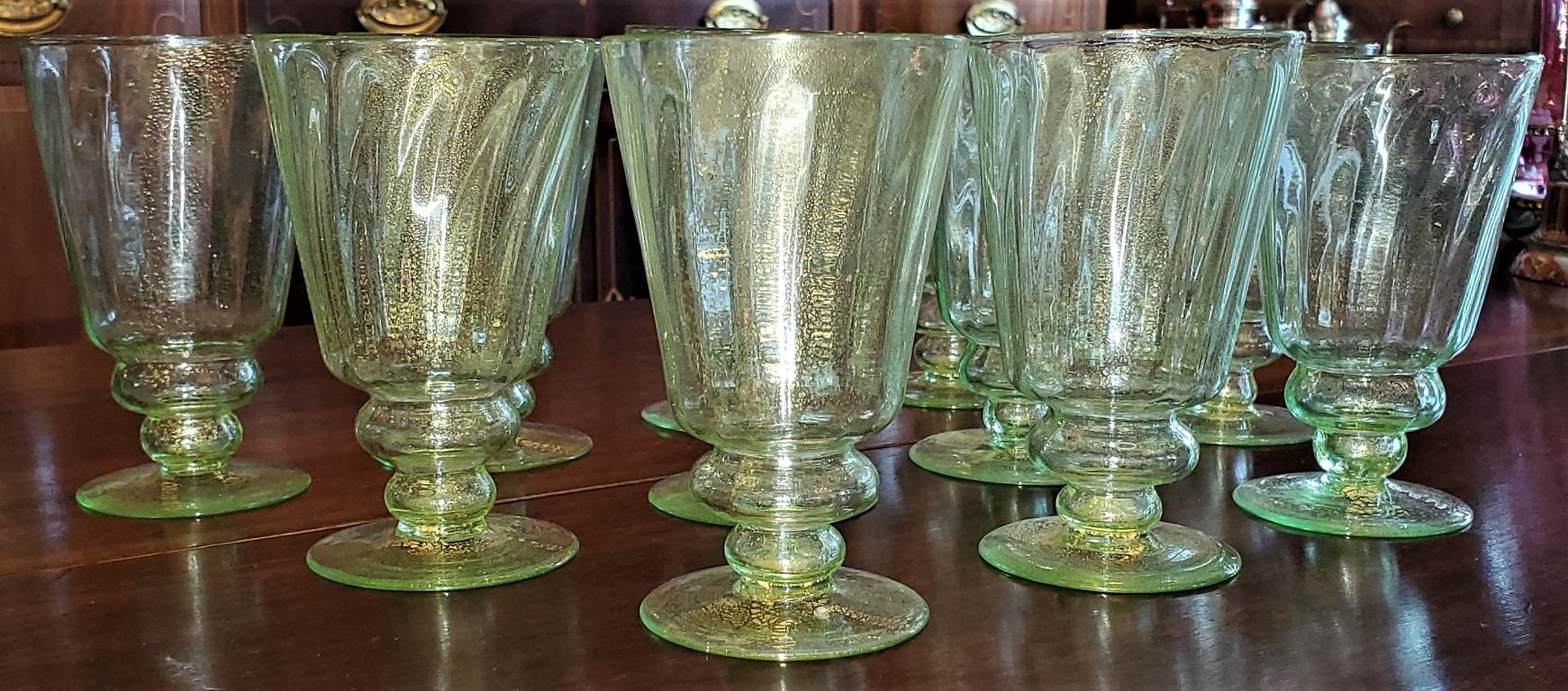 Italian Set of 12 Salviati Venetian Green and Gold Flecked Beer or Water Glasses