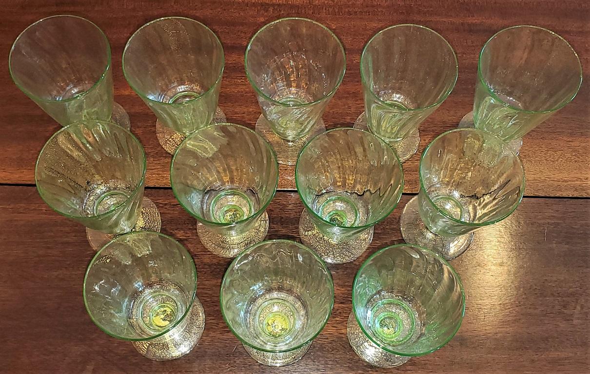 Appliqué Set of 12 Salviati Venetian Green and Gold Flecked Beer or Water Glasses
