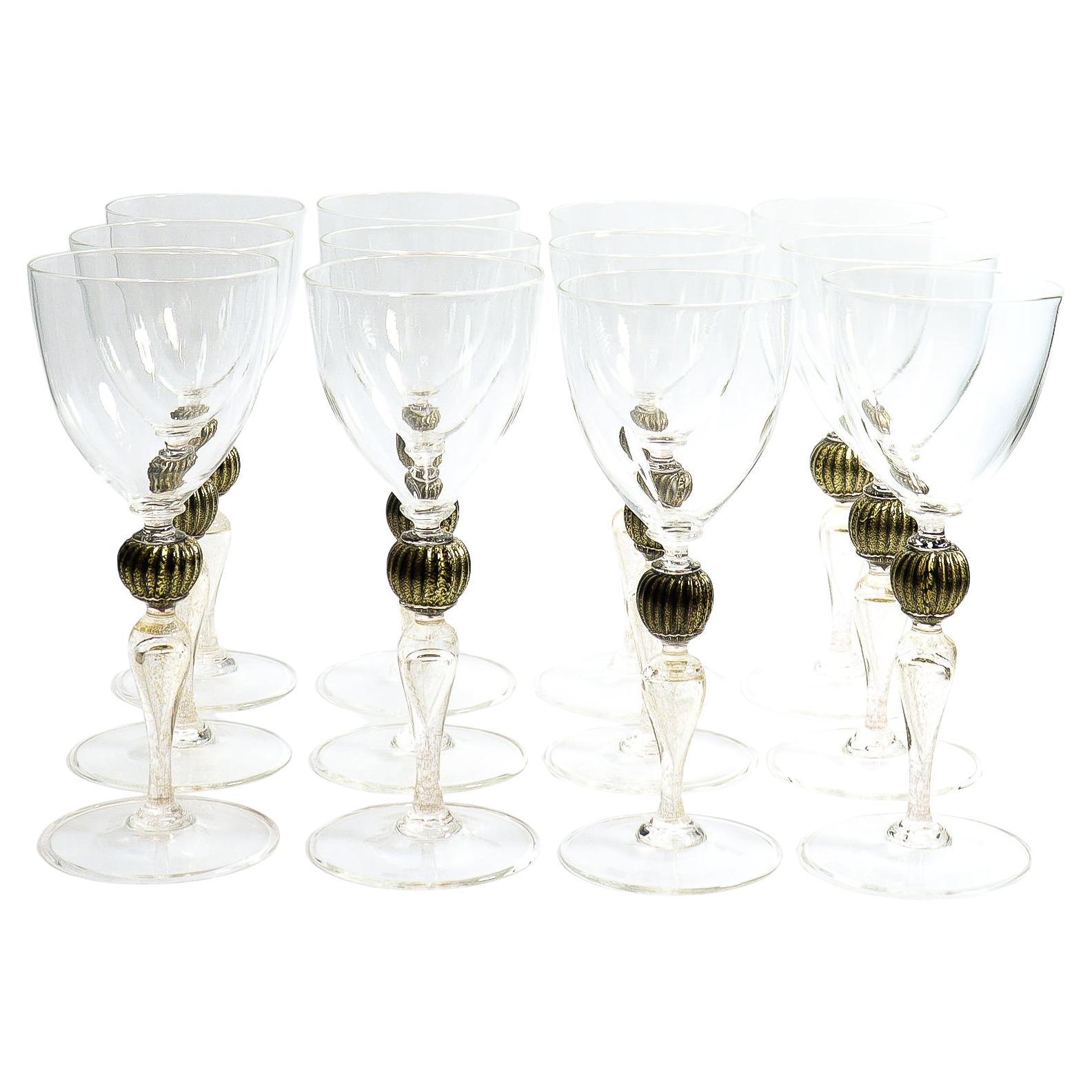 Set di 12 calici da vino in vetro di Murano e Salviati con stelo nero e oro