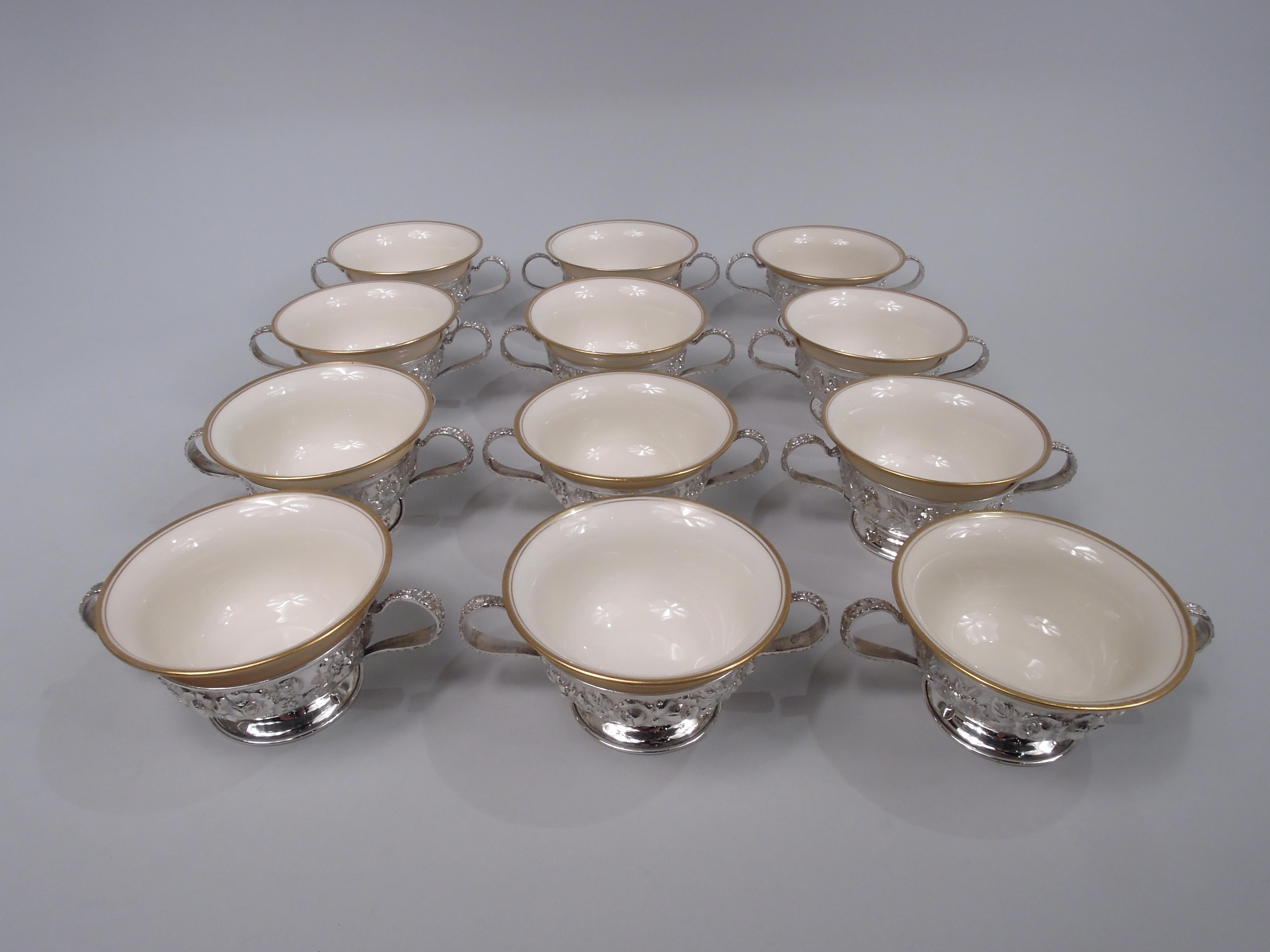 Edwardian Set of 12 Schofield Baltimore Holders with Lenox Bouillon Inserts For Sale
