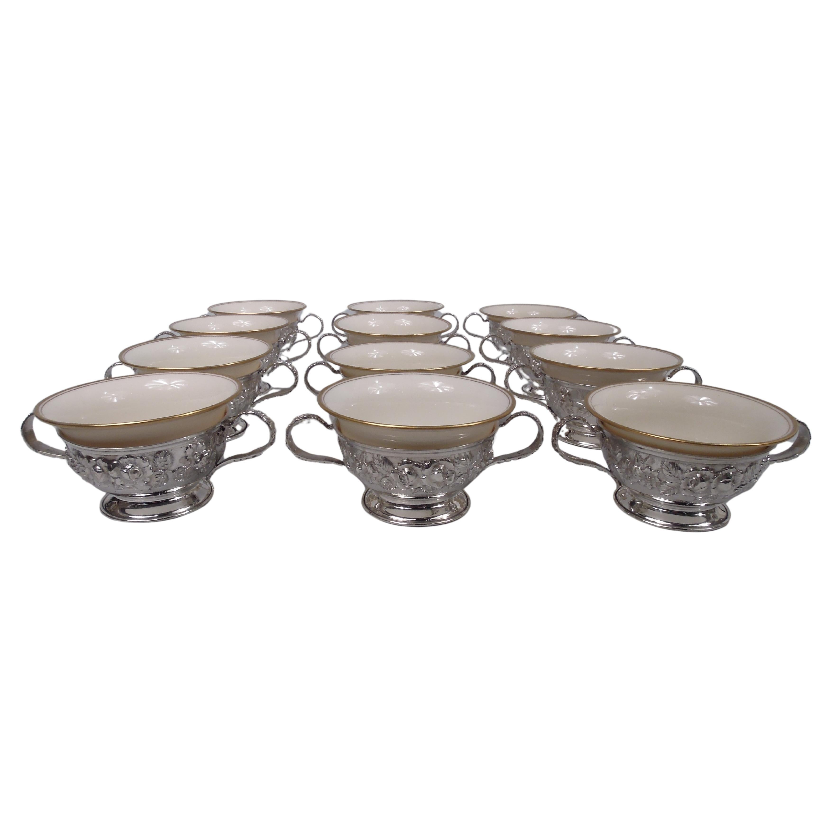 Set of 12 Schofield Baltimore Holders with Lenox Bouillon Inserts For Sale