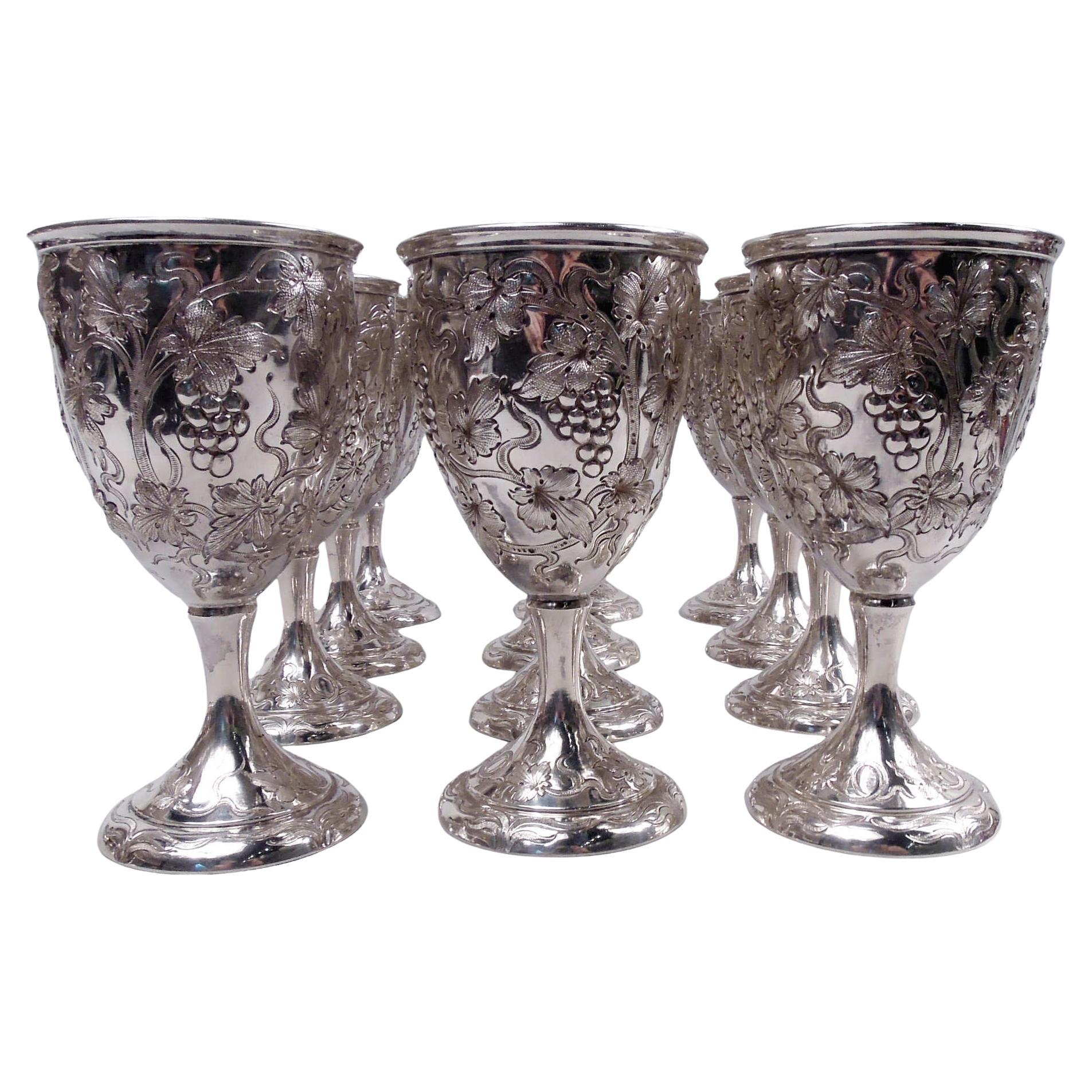 Set of 12 Schofield Baltimore Sterling Silver Grapevine Goblets For Sale
