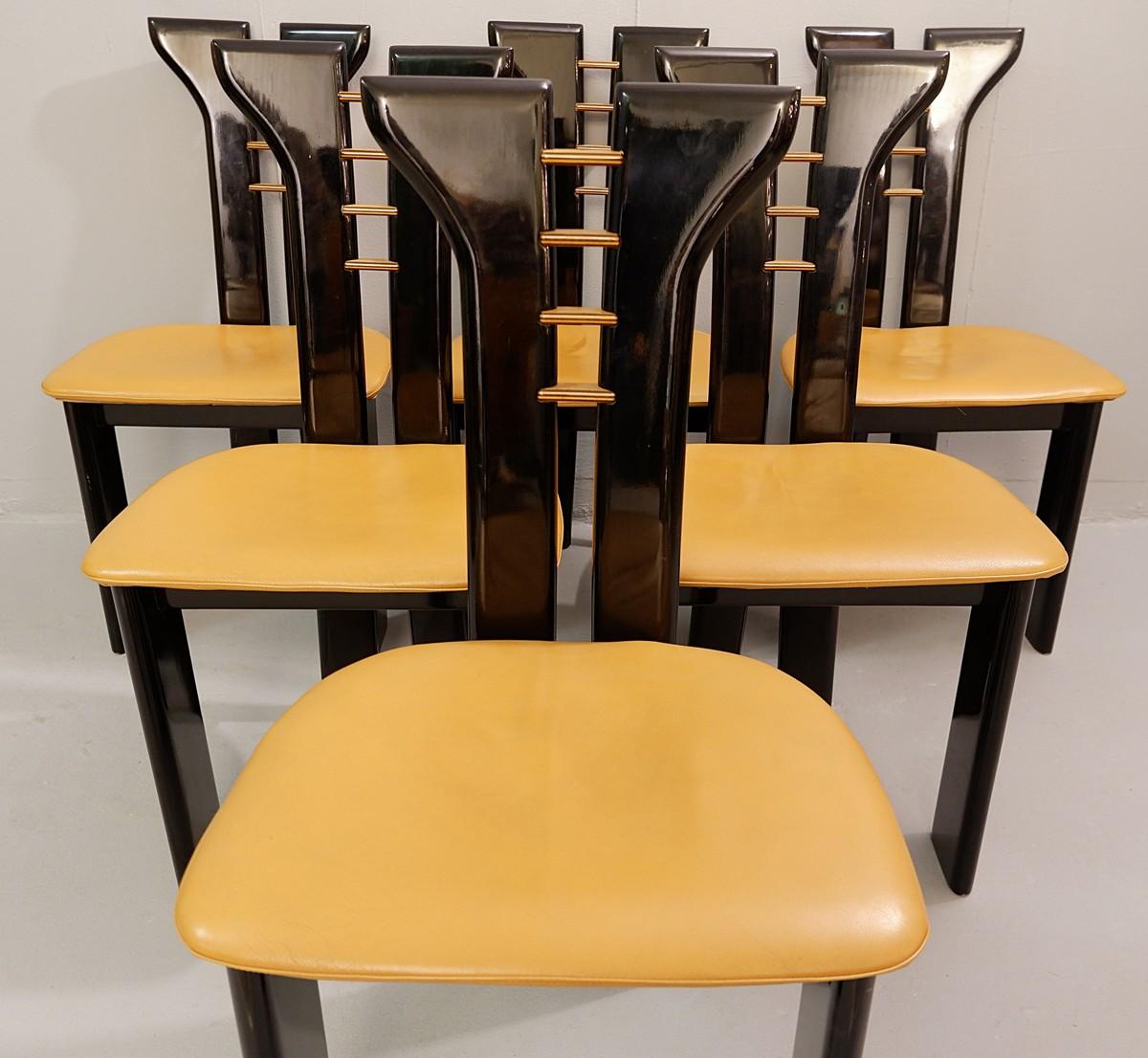 Mid-Century Modern Set of 6 Sculptural 1970s Black Lacquer Pierre Cardin Chairs with Leather Seats