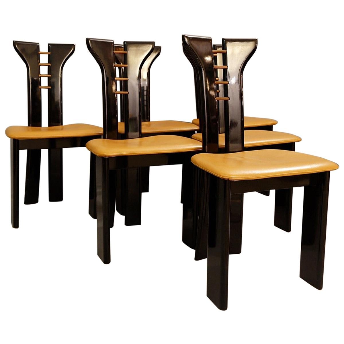 Set of 6 Sculptural 1970s Black Lacquer Pierre Cardin Chairs with Leather Seats