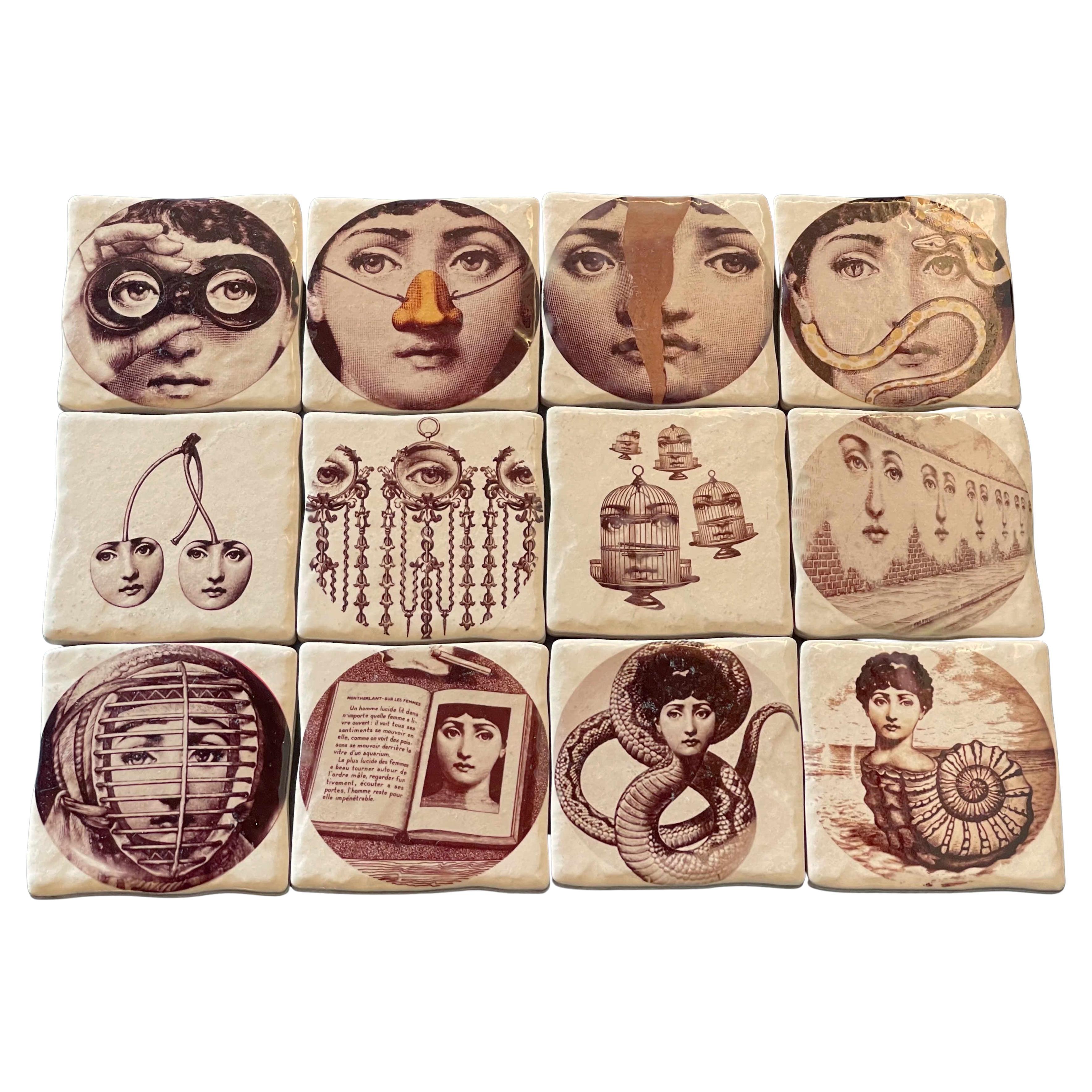 Set of 12 Sepia Ceramic Tiles by Fornasetti