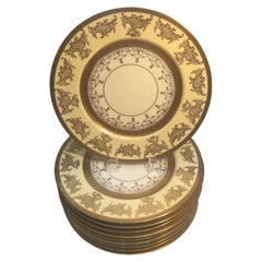 Set of 12 Service Dinner Plates with Vanilla and Gilt Borders