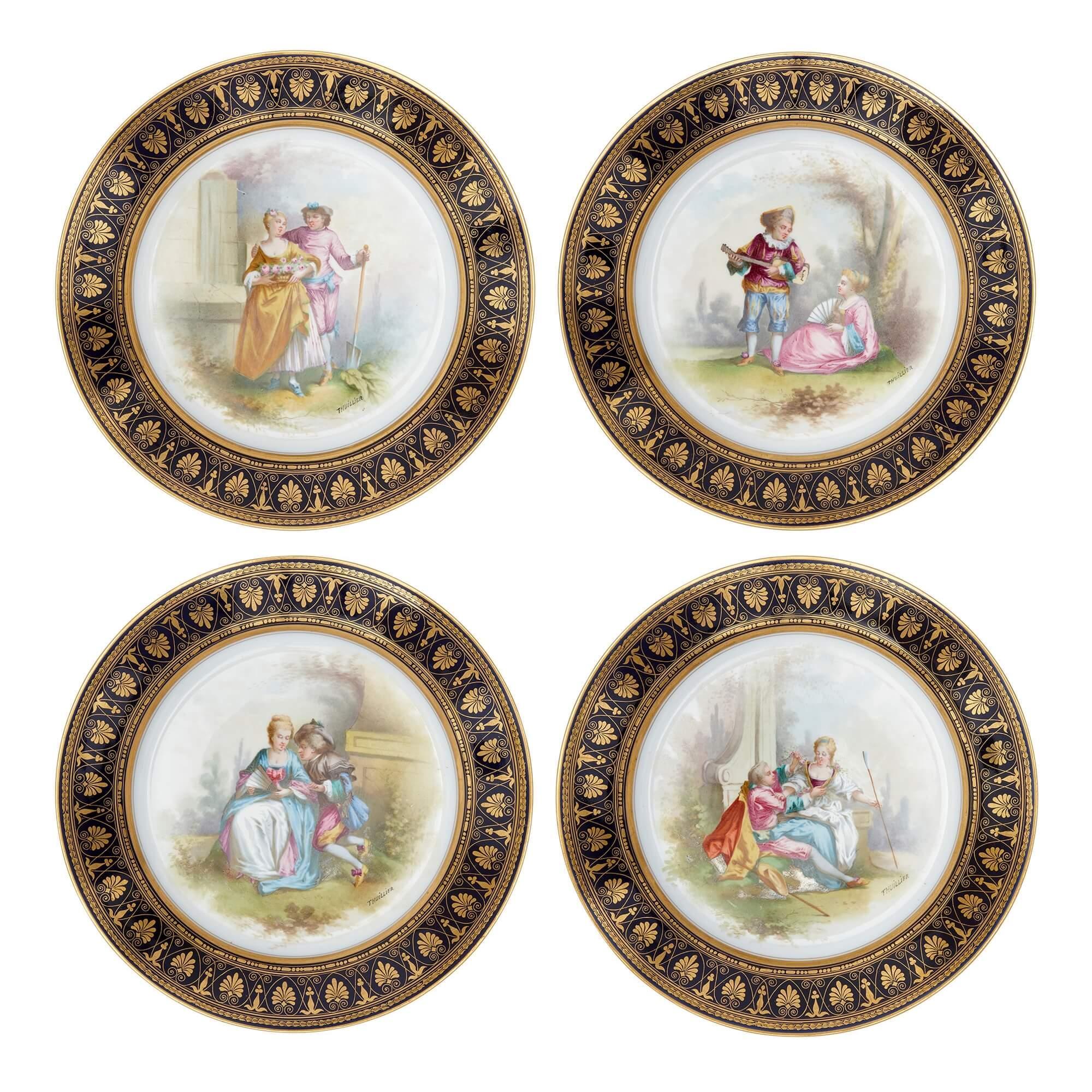 Set of 12 Sèvres porcelain plates with hand-painted pastoral scenes
French, c. 1864 
Plates: Height 3cm, diameter 23cm
Case: Height 10cm, width 76cm, depth 52cm

Originating from the 19th century, this exquisite set of twelve Sèvres porcelain plates
