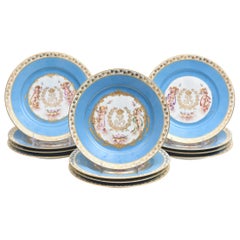 Set of 12 Sevres Turquoise Hand Painted Cabinet Display Plates, Gilt Accents