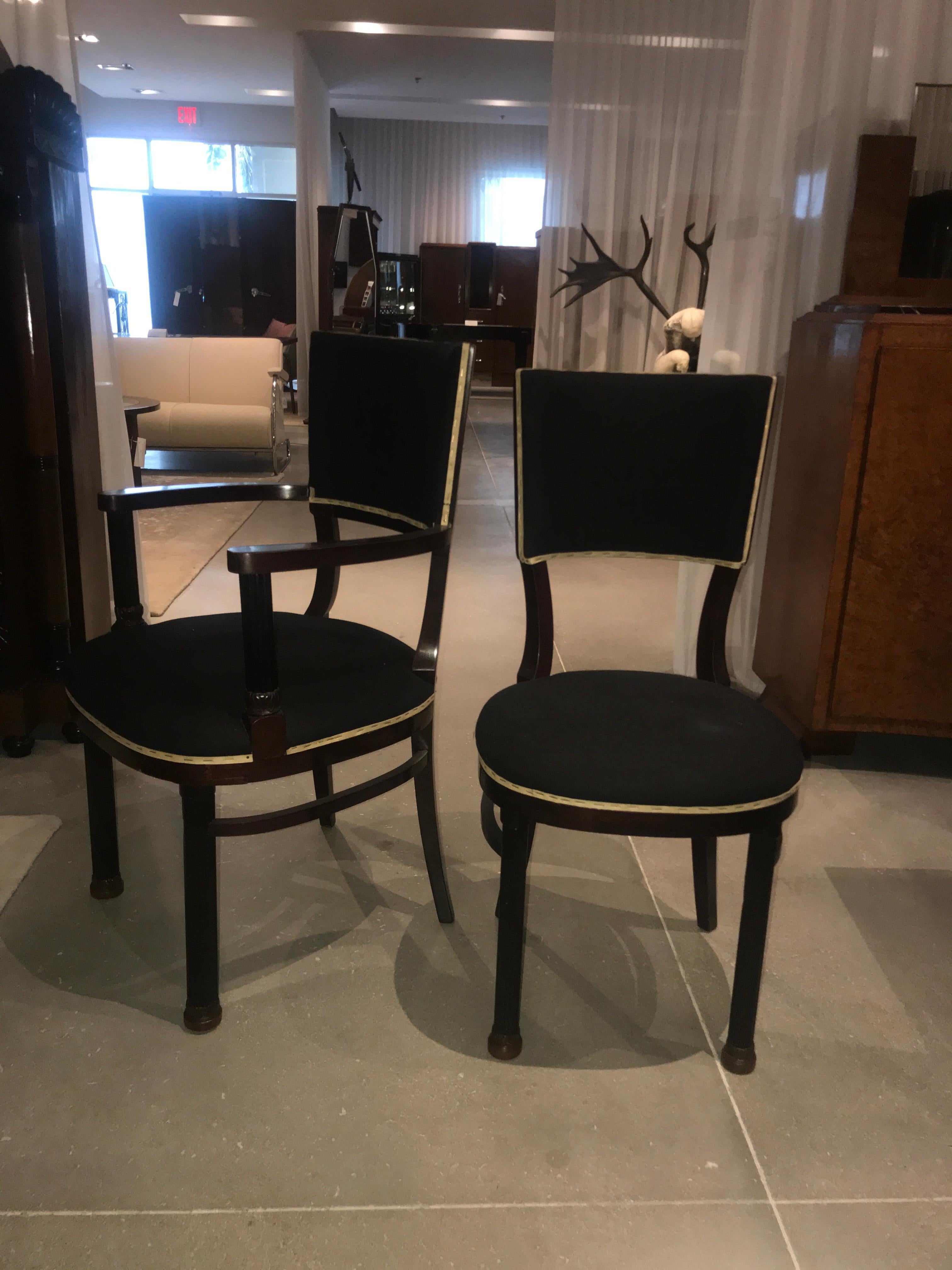 Set of 12 Sezession Dining Chairs – 2 arm chairs, 10 side chairs - early Art Deco designed for Horne Castle of the Baron Steinlein family. Manufactured by O. Strnad. PLEASE NOTE: PRICE IS PER CHAIR & NEED TO BE REUPHOLSTERED. Arm chair dimensions: