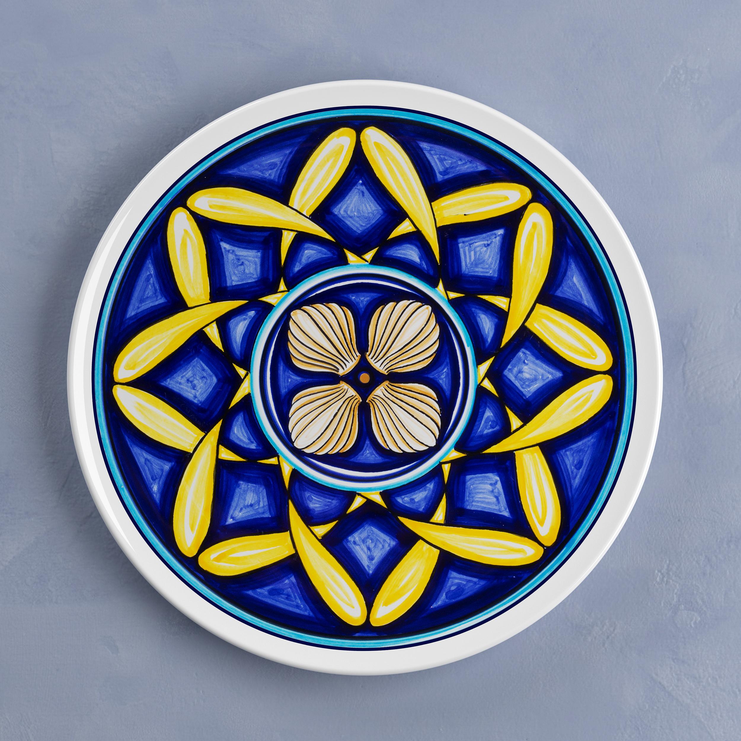 Hand-Crafted Set of 12 Sicilian Clay Hand-Painted Colapesce Dinner Plates, Made in Italy For Sale