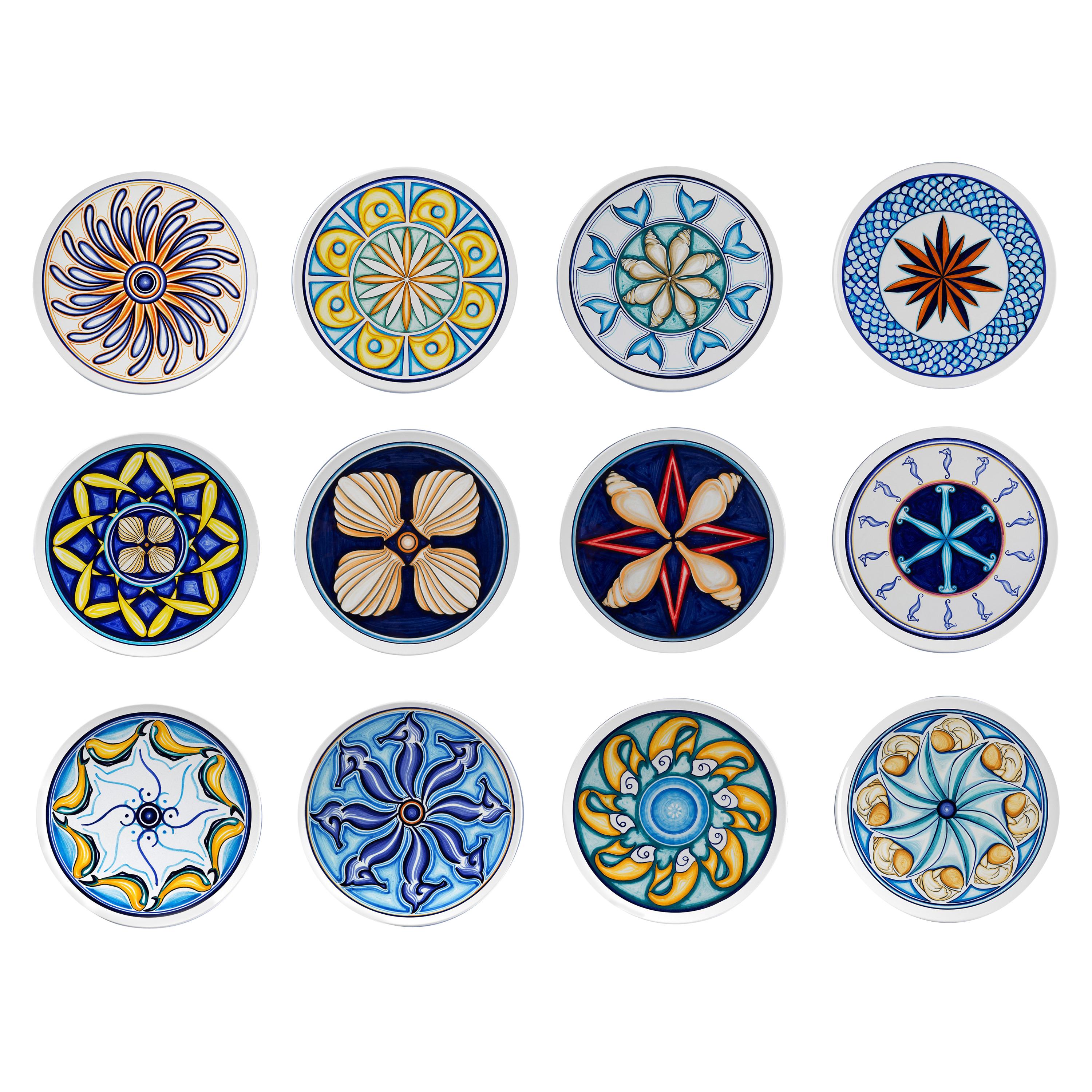 Set of 12 Sicilian Clay HandPainted Colapesce Dinner Plates, Made in