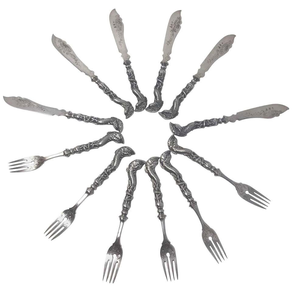 Set of 12 Signed Antique German .800 Silver Figural Dolphin Fish Forks & Knives