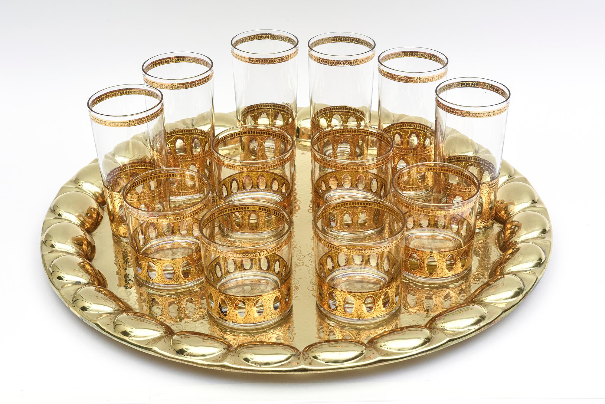 Culver Signed 22 Karat Gold Plated and Glass Drinking Set 12 Vintage Barware 9