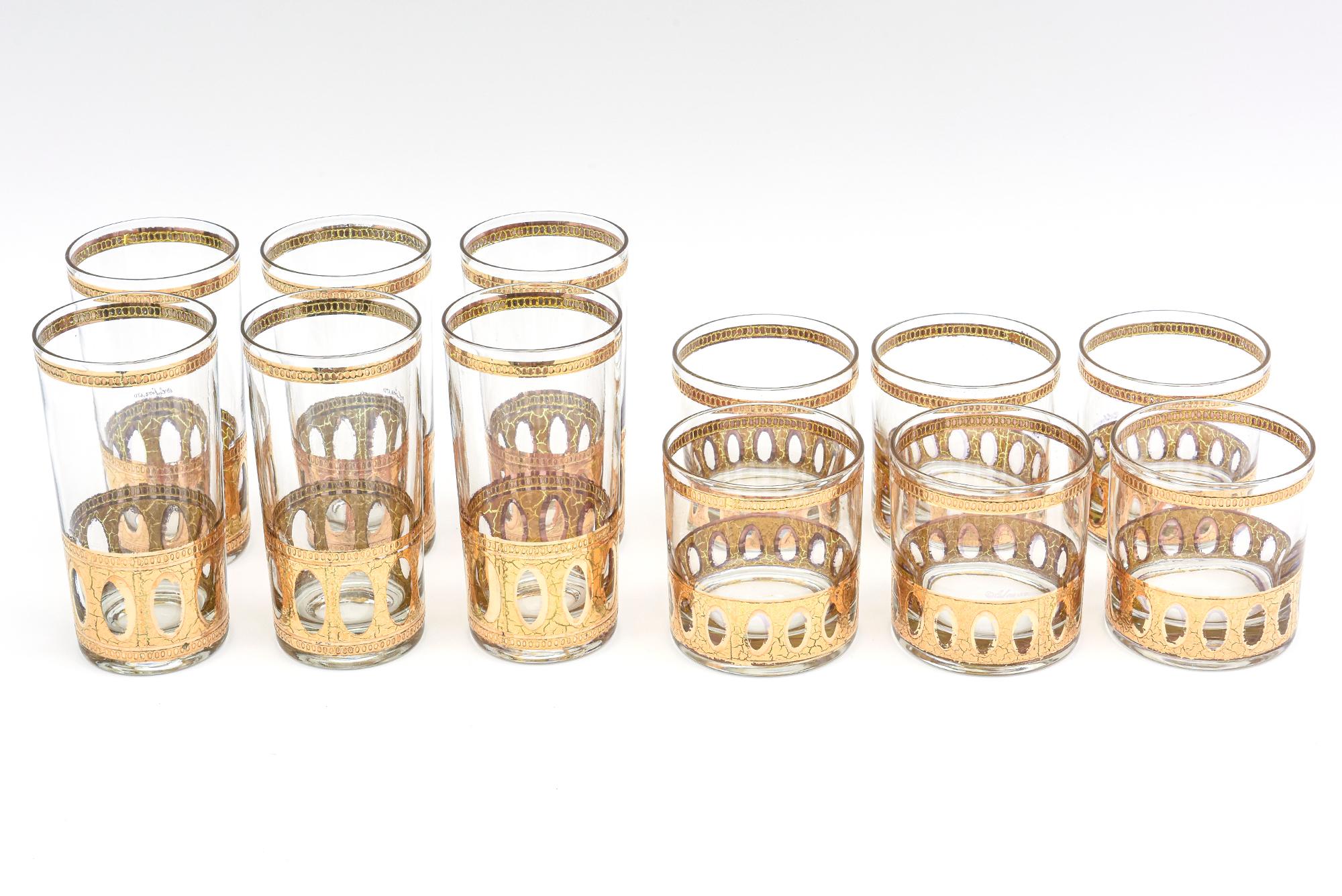 Culver Signed 22 Karat Gold Plated and Glass Drinking Set 12 Vintage Barware 10