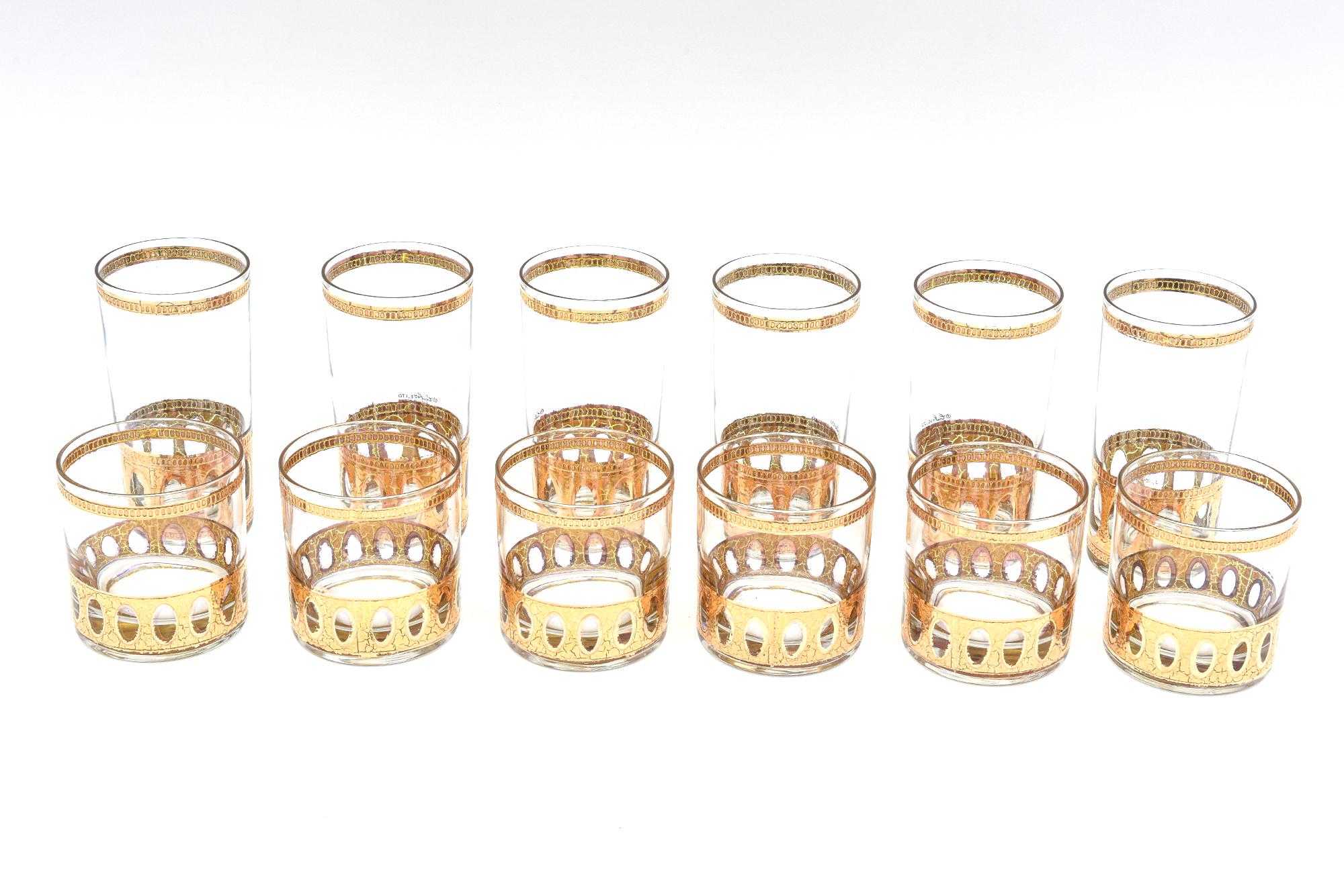 Mid-Century Modern Culver Signed 22 Karat Gold Plated and Glass Drinking Set 12 Vintage Barware