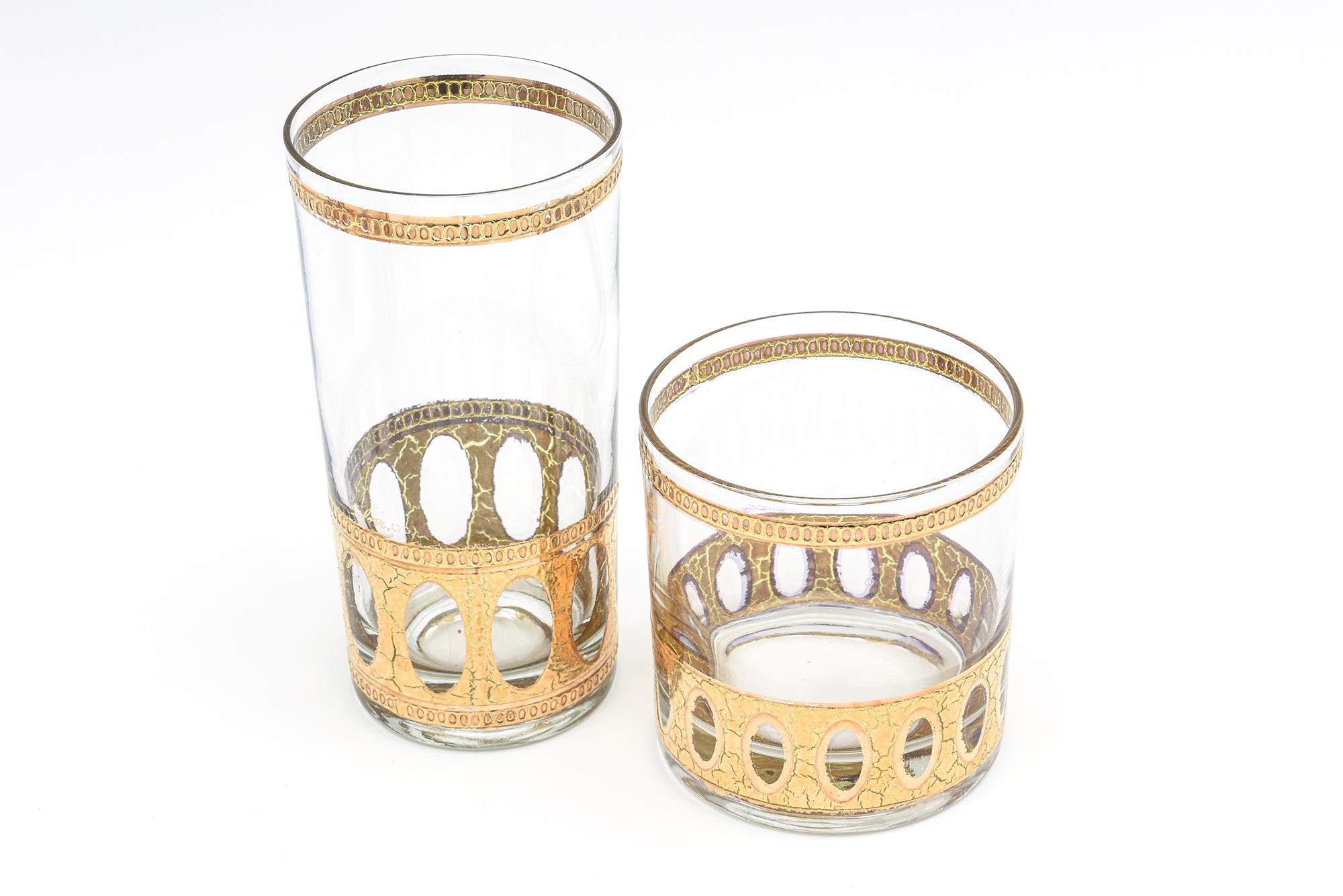 Mid-20th Century Culver Signed 22 Karat Gold Plated and Glass Drinking Set 12 Vintage Barware